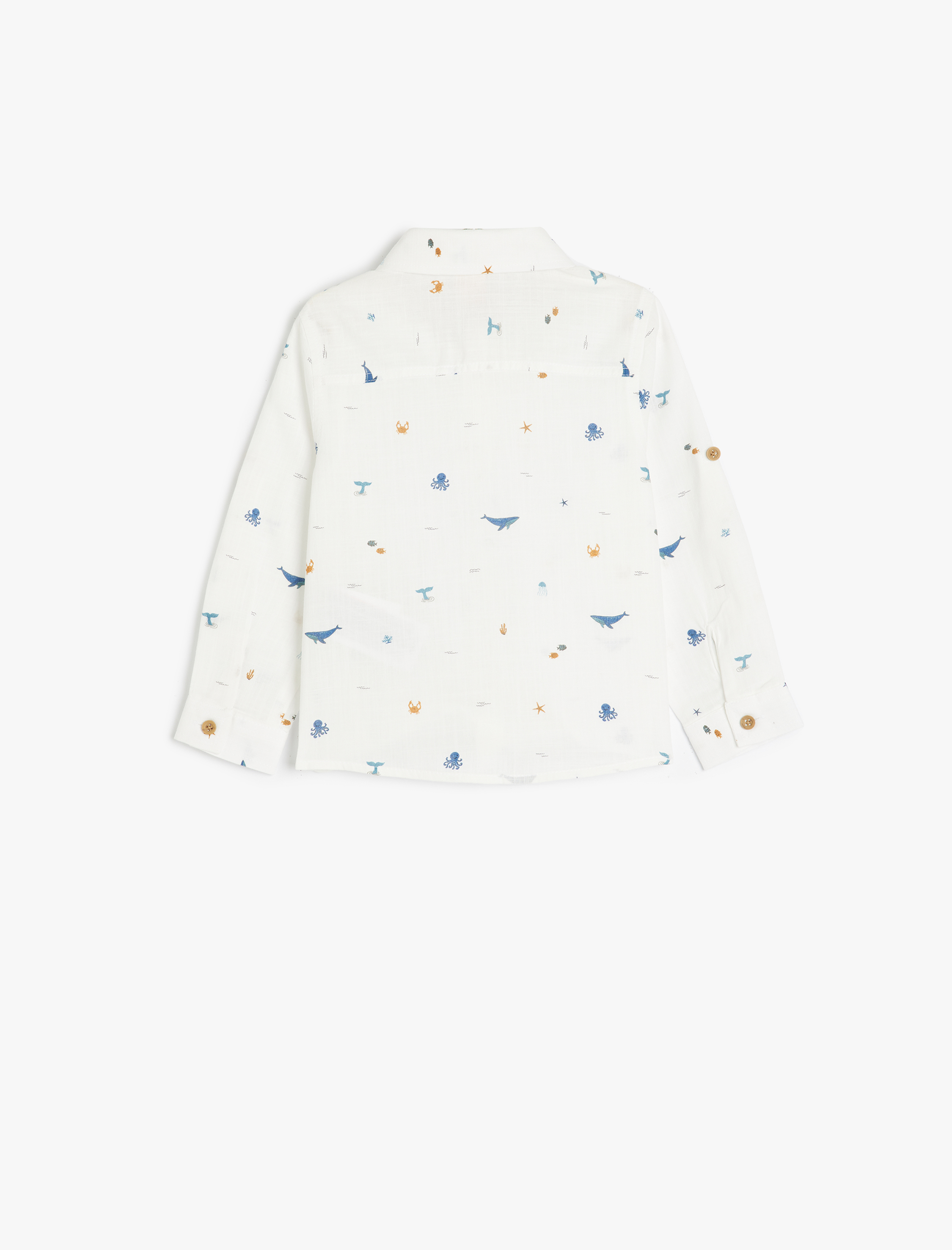  Erkek Bebek Pamuklu Deniz Temalı Baskılı Uzun Kollu Gömlek