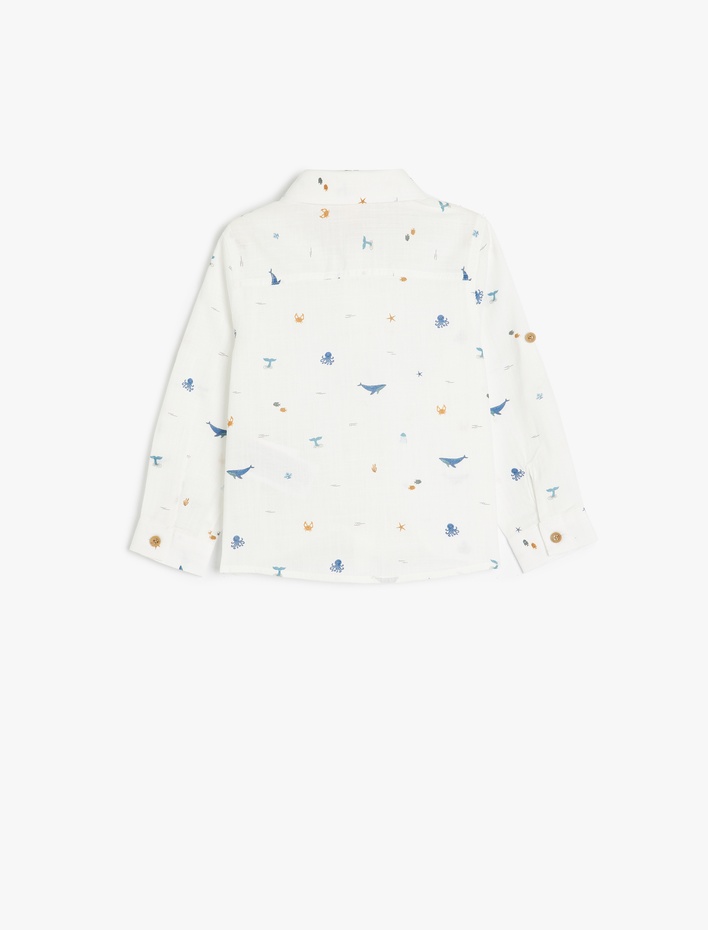 Erkek Bebek Pamuklu Deniz Temalı Baskılı Uzun Kollu Gömlek
