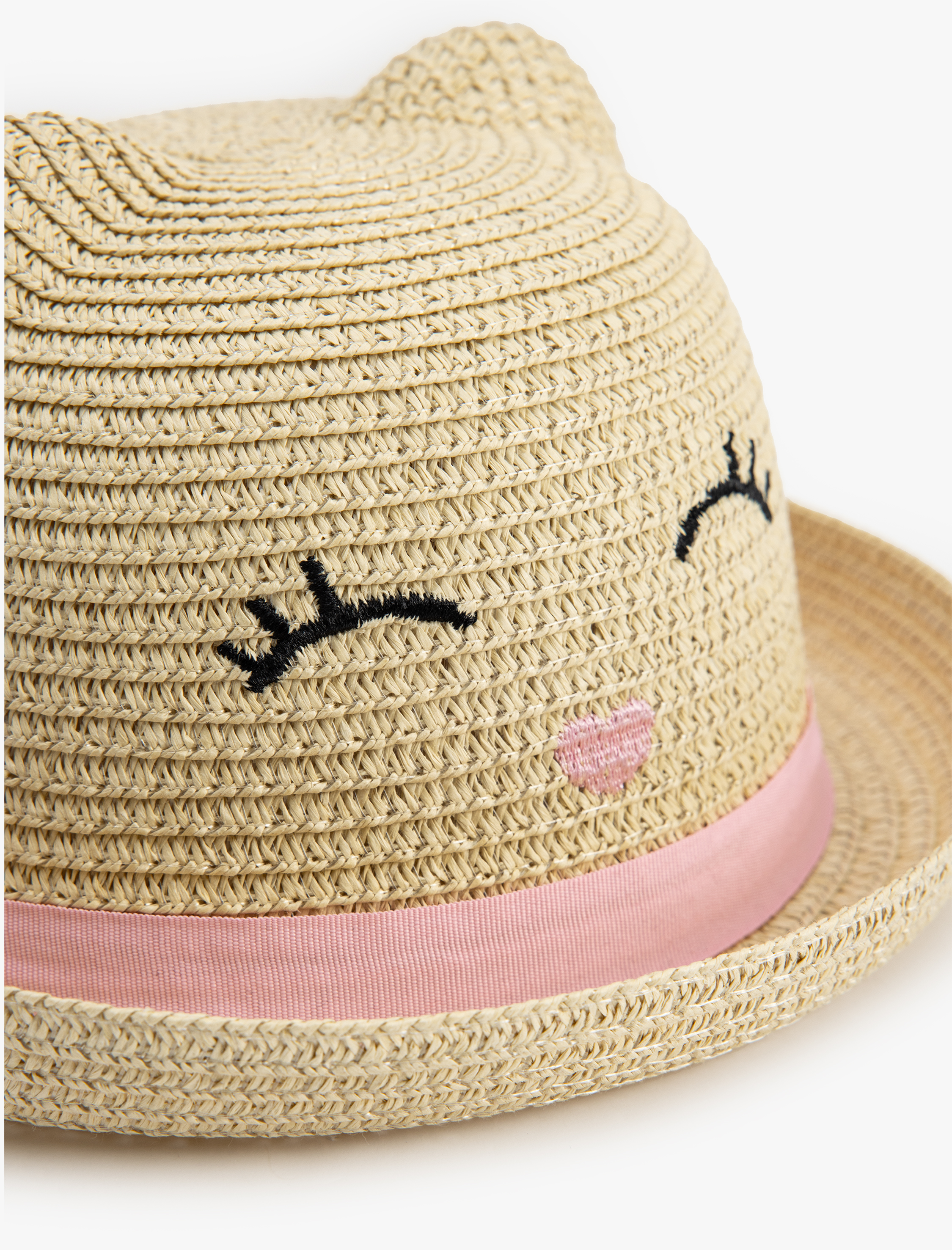  Kız Çocuk Kedi Figürü Detaylı Hasır Şapka