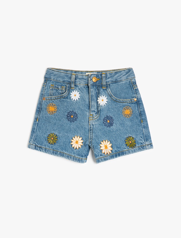 Çiçek Nakış Detaylı Cepli Pamuklu Denim Şort_0
