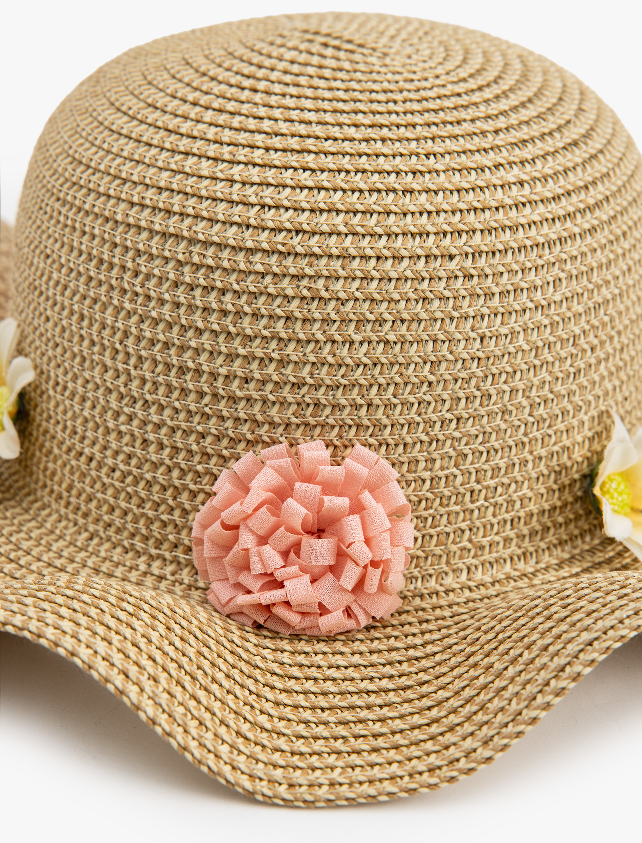  Kız Çocuk Çiçek Detaylı Hasır Şapka