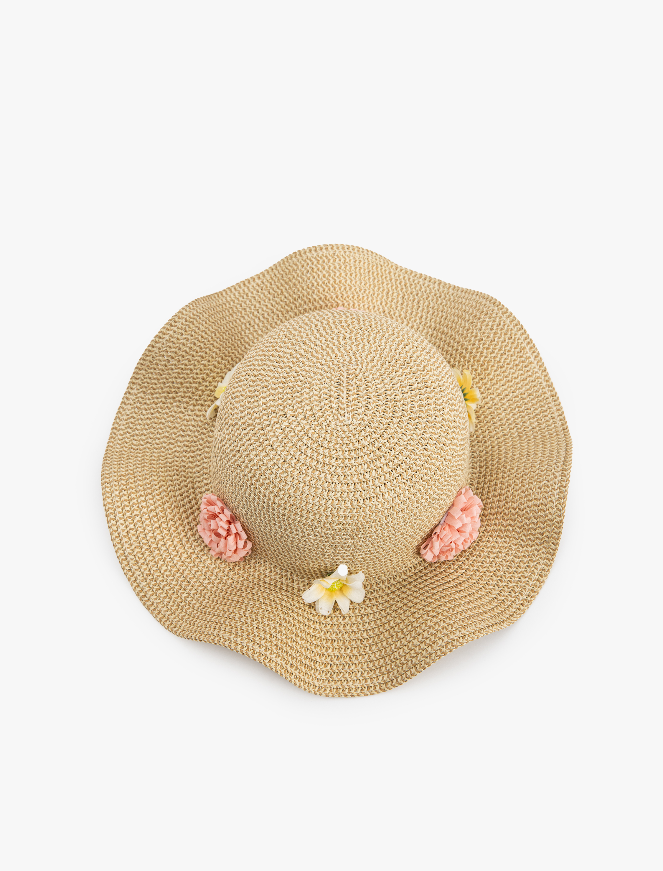  Kız Çocuk Çiçek Detaylı Hasır Şapka