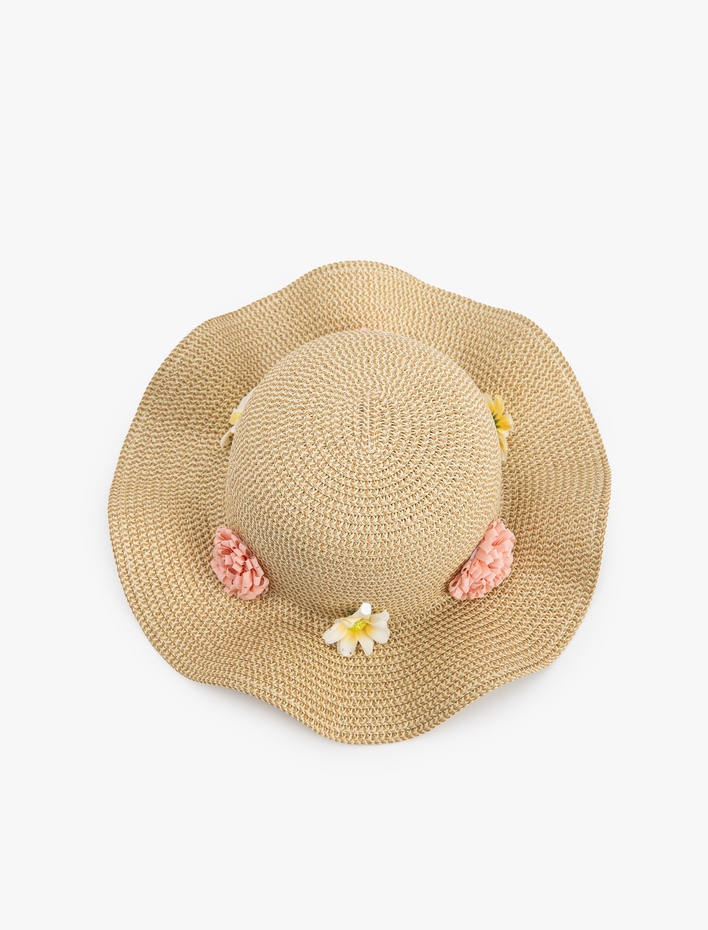 Kız Çocuk Çiçek Detaylı Hasır Şapka