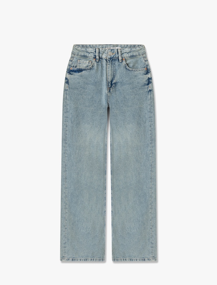  Bol Paça Kot Pantolon Normal Bel Skinny Fit Düğmeli - Wide Leg Jean