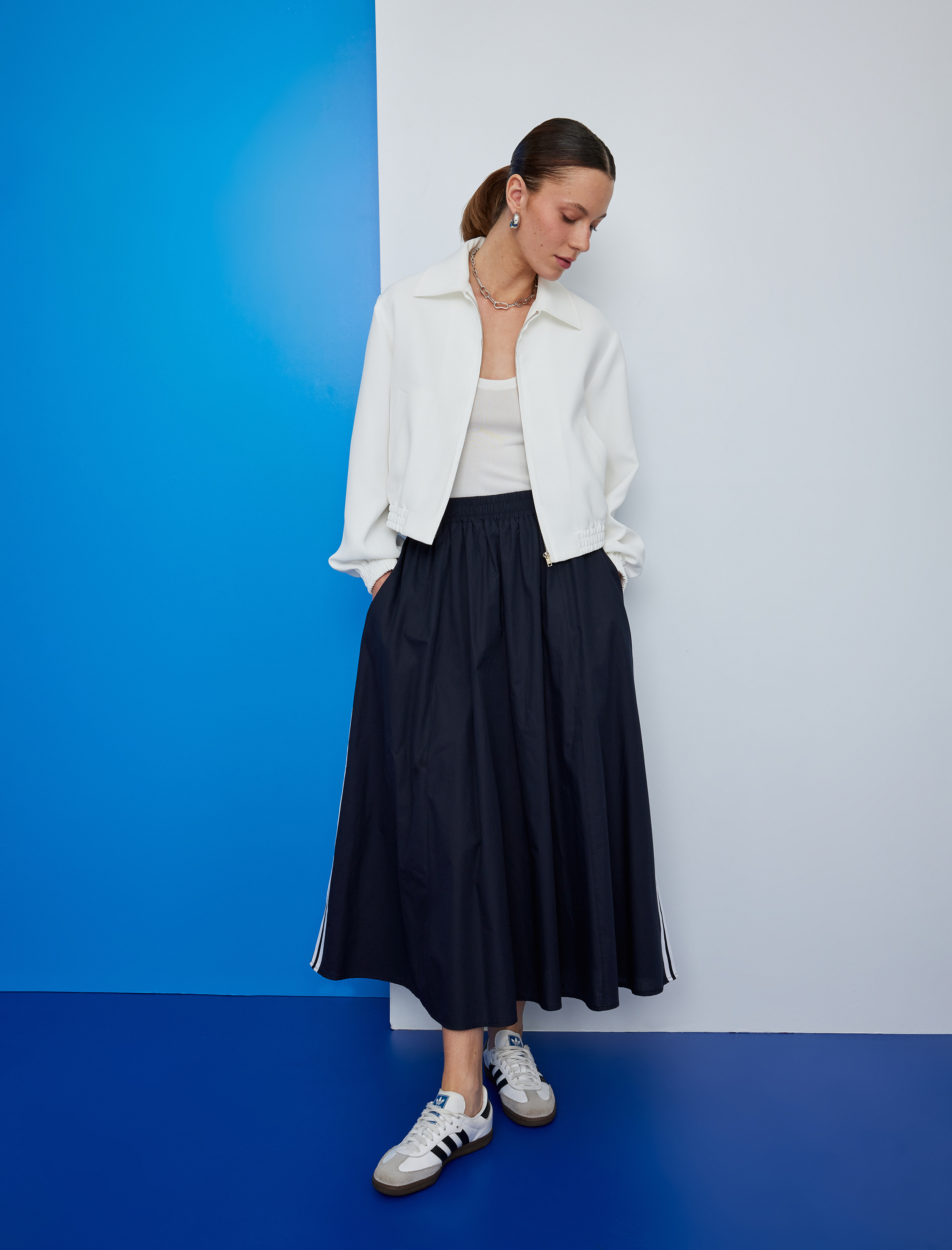   Pamuklu Yanları Çizgili Cepli Midi Boy Kloş Etek