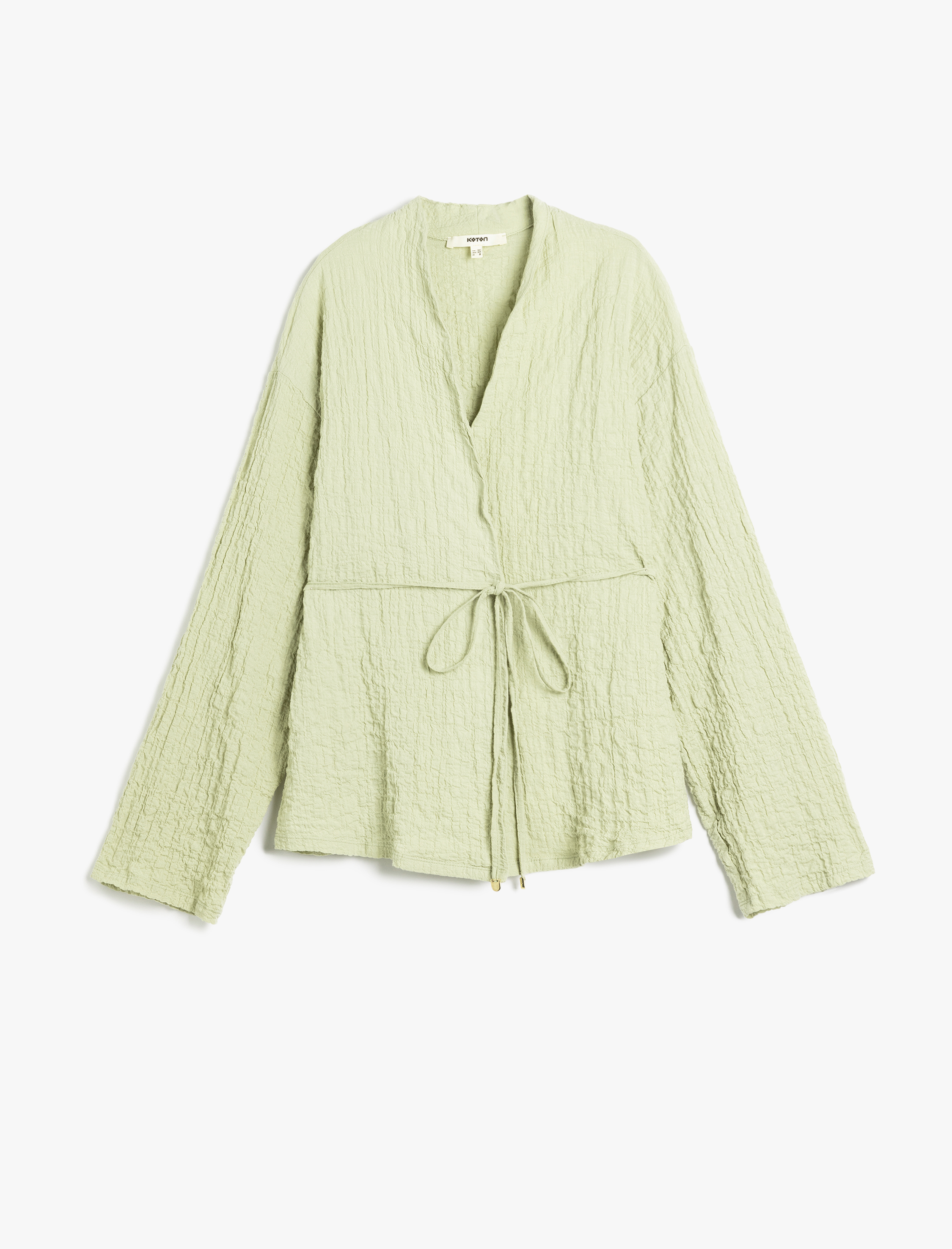   Pamuklu Kemer Detaylı Dokulu Uzun Kollu Kimono