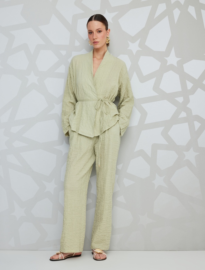  Pamuklu Kemer Detaylı Dokulu Uzun Kollu Kimono