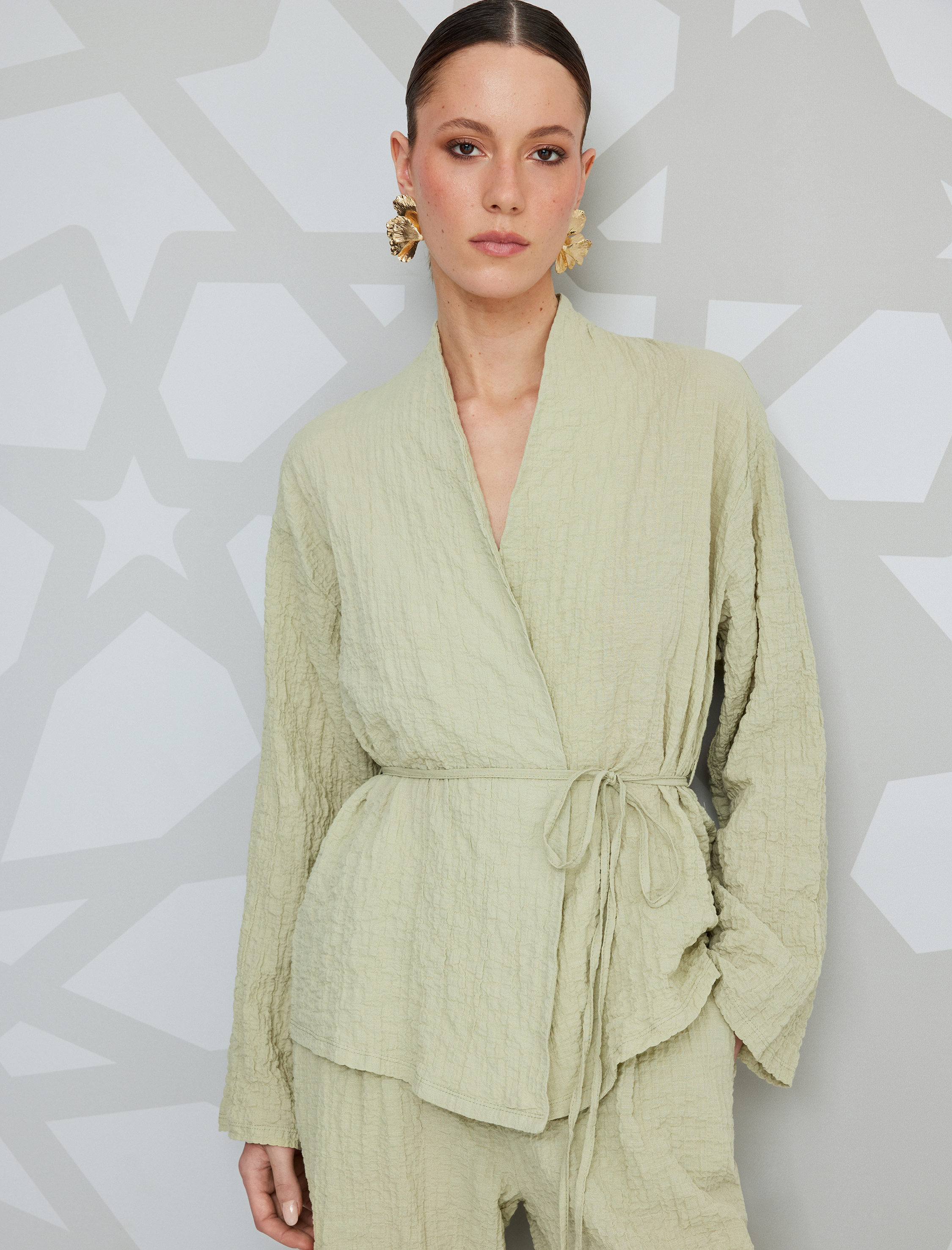 Koton Kadın Pamuklu Kemer Detaylı Dokulu Uzun Kollu Kimono -1
