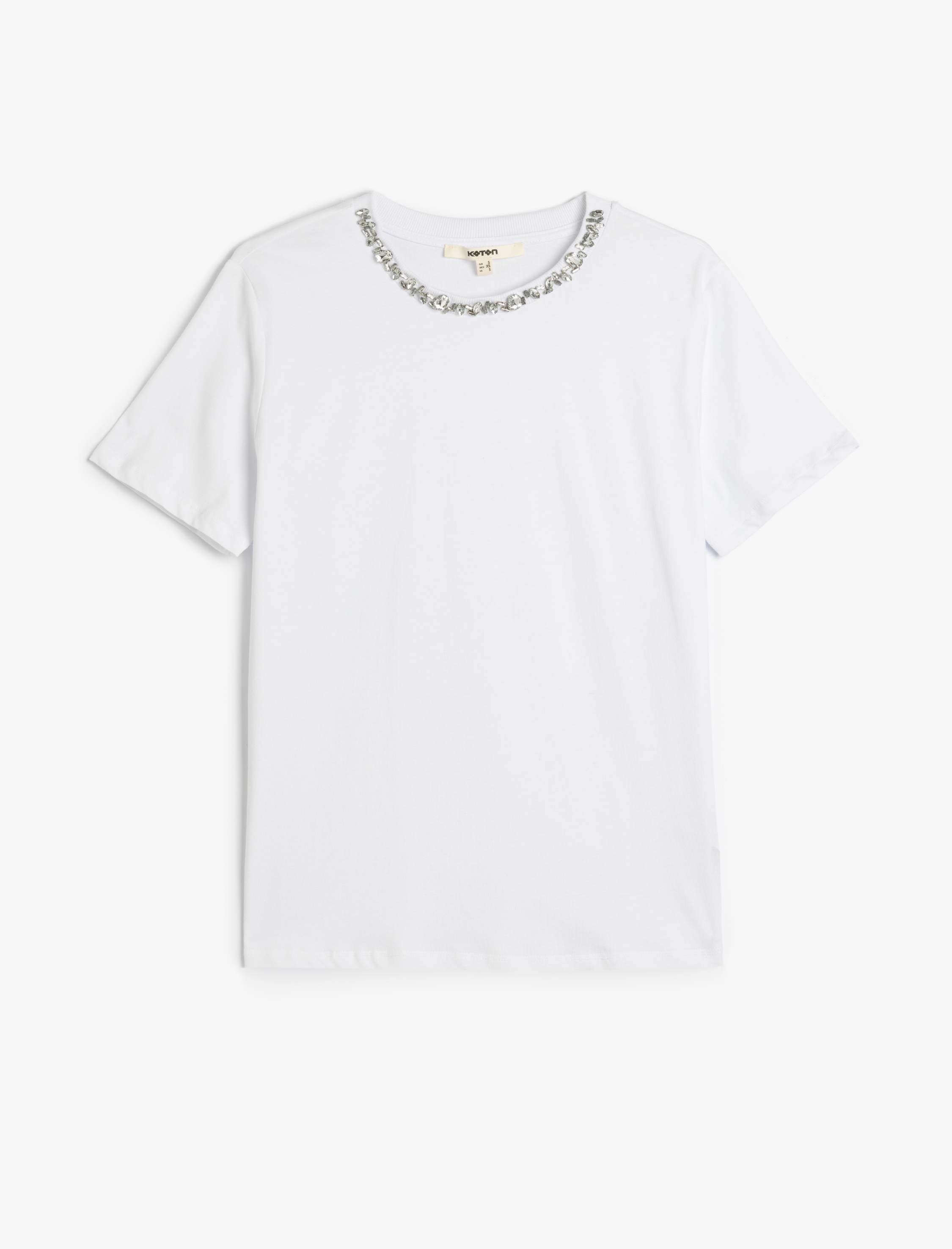   Pamuklu Kısa Kollu Bisiklet Yaka Taşlı Tişört