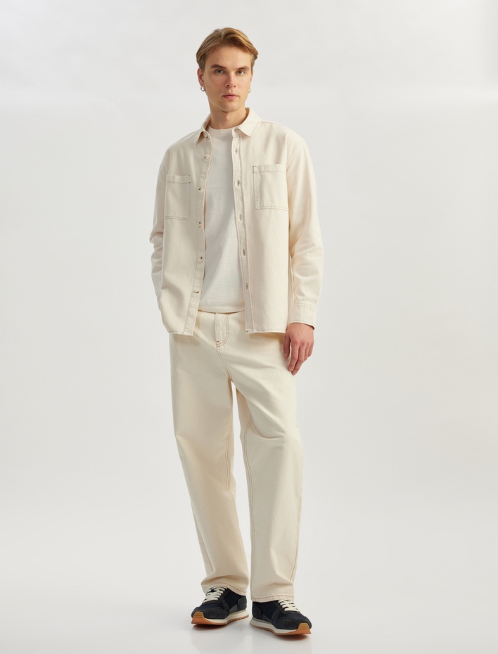  Pamuklu Düğmeli Regular Fit Yıkamalı Klasik Yaka Cep Detaylı Uzun Kollu Gömlek