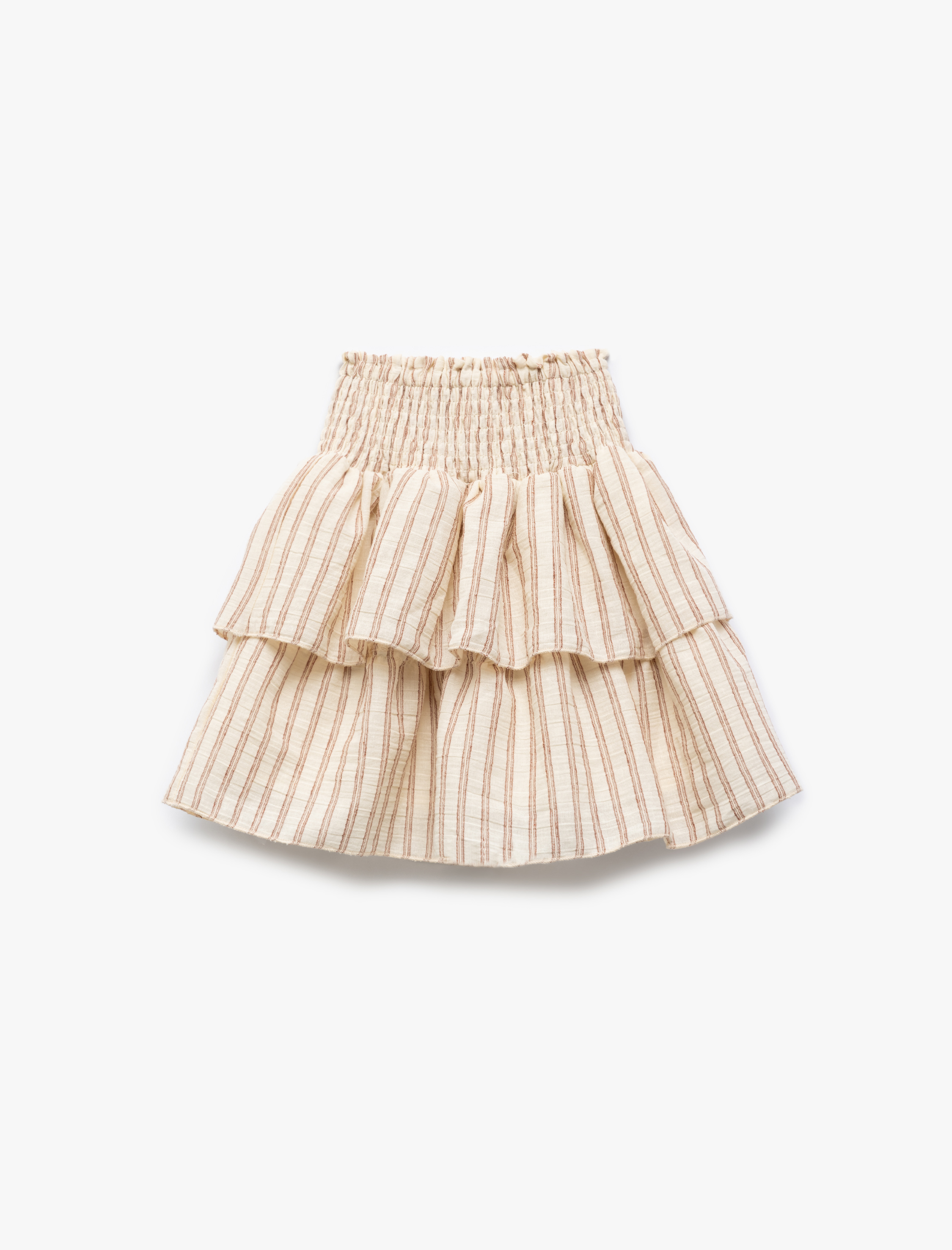  Kız Çocuk Gipe Detaylı Katlı Pamuklu Çizgili Keten Midi Etek