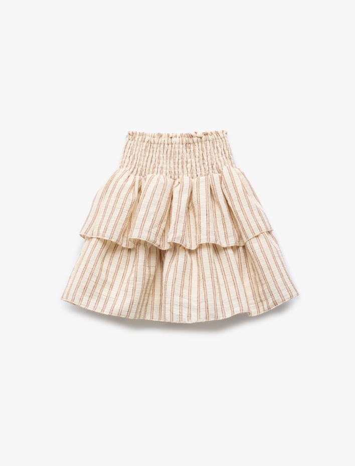 Kız Çocuk Gipe Detaylı Katlı Pamuklu Çizgili Keten Midi Etek