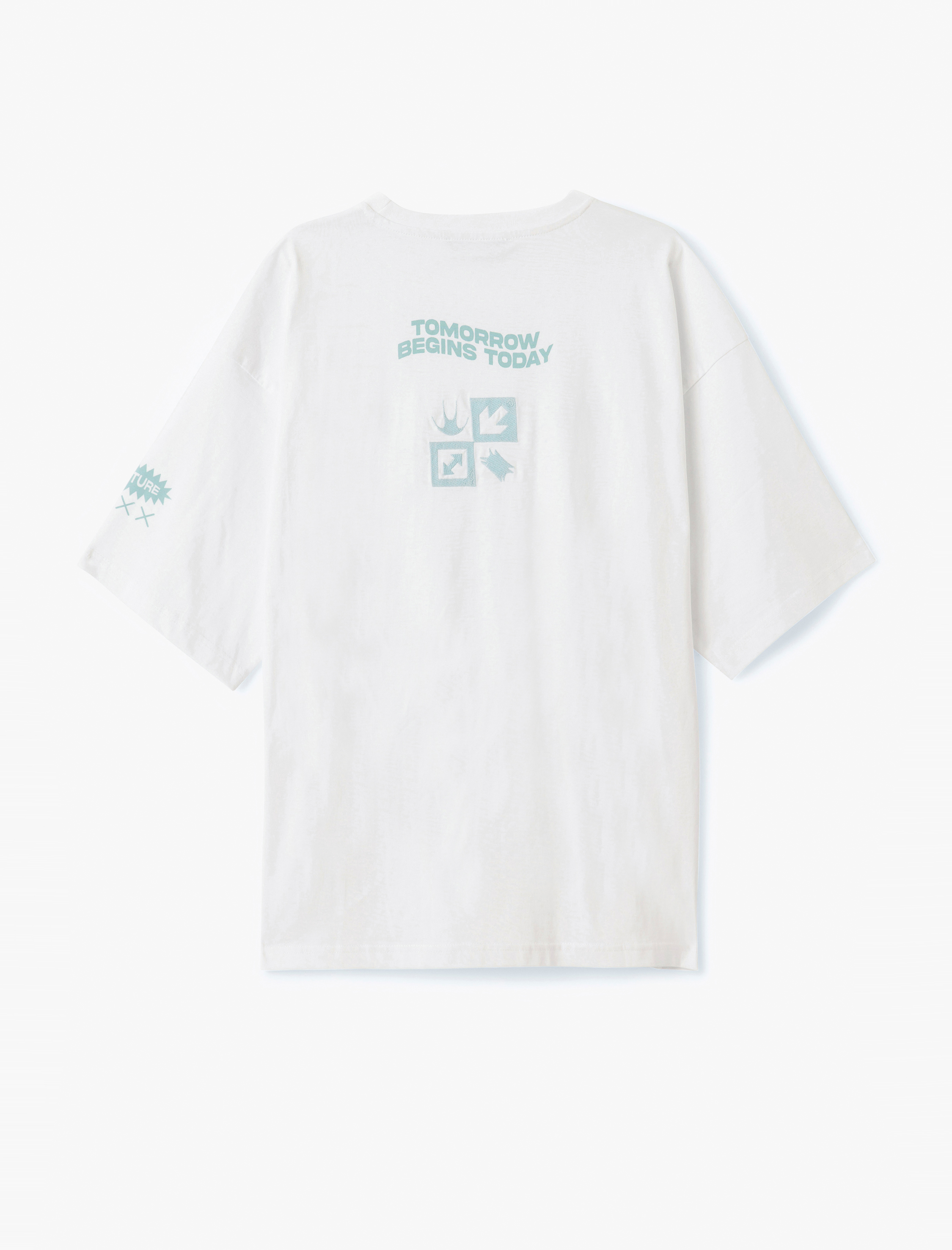   Kısa Kollu Bisiklet Yaka Pamuklu Tok Kumaş Arkası Baskılı Oversize Tişört