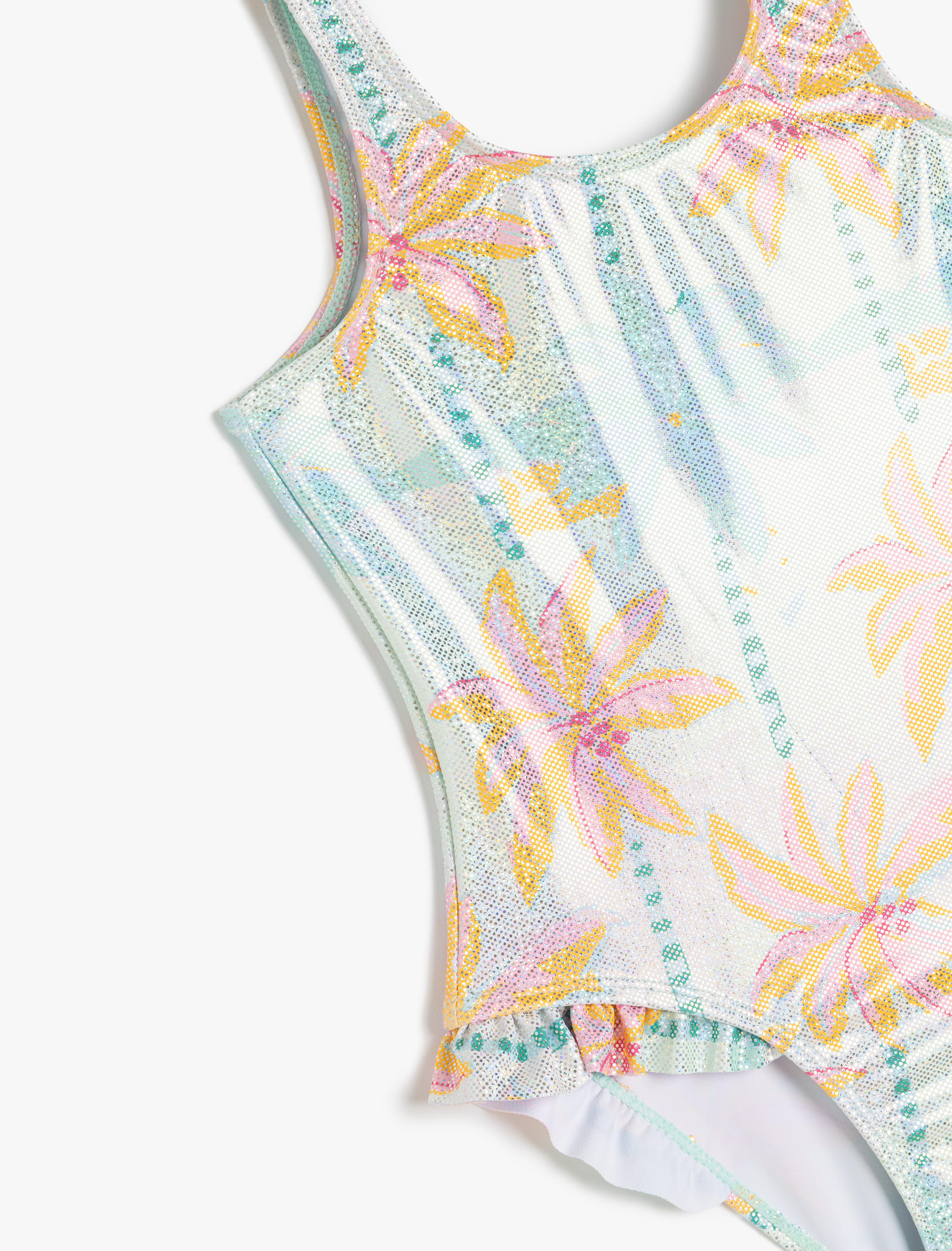  Kız Çocuk Fırfırlı Askılı Bisiklet Yaka Palmiye Baskılı Mayo