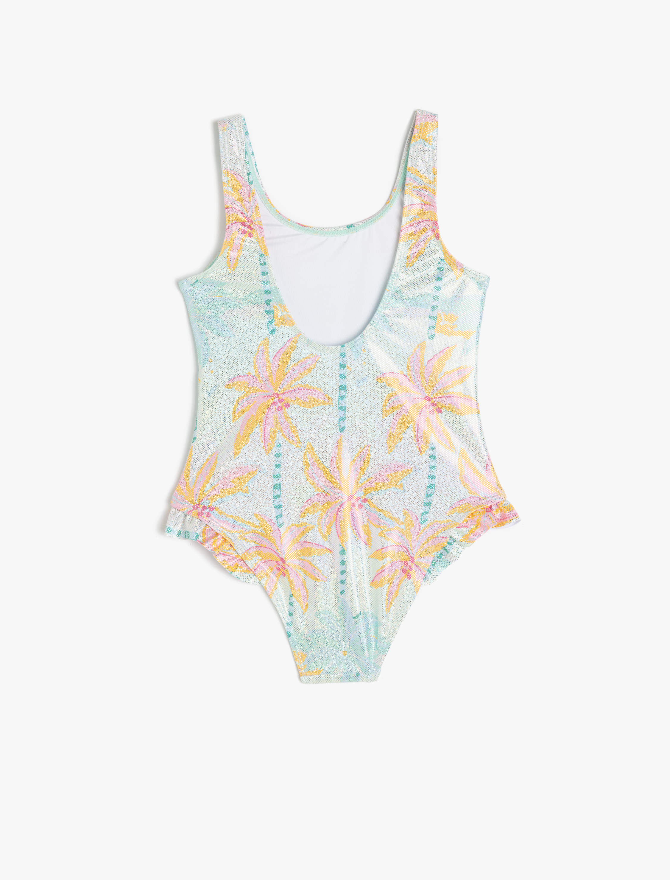  Kız Çocuk Fırfırlı Askılı Bisiklet Yaka Palmiye Baskılı Mayo