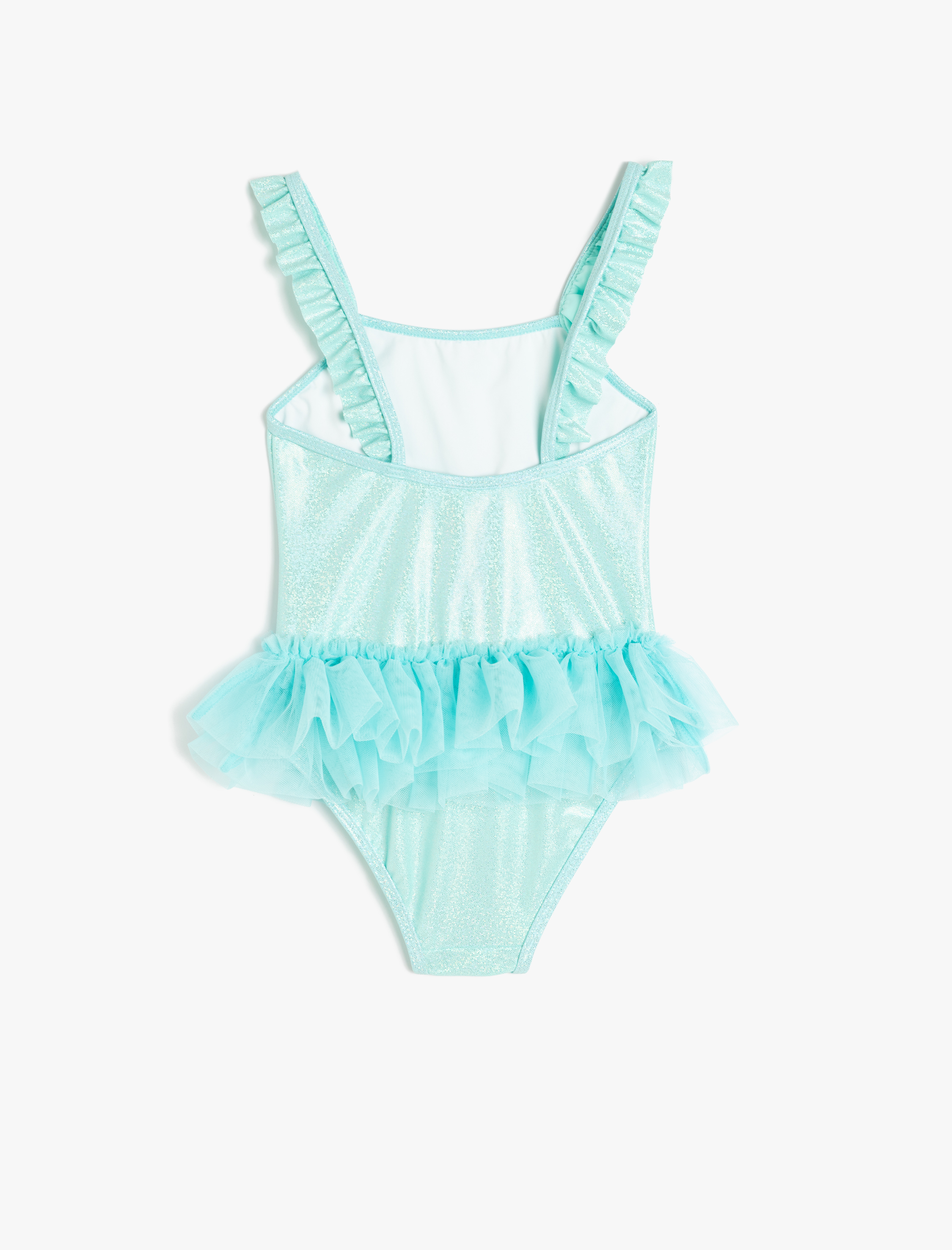  Kız Çocuk Fırfırlı Tül Detaylı Deniz Kızı Baskılı Askılı Mayo