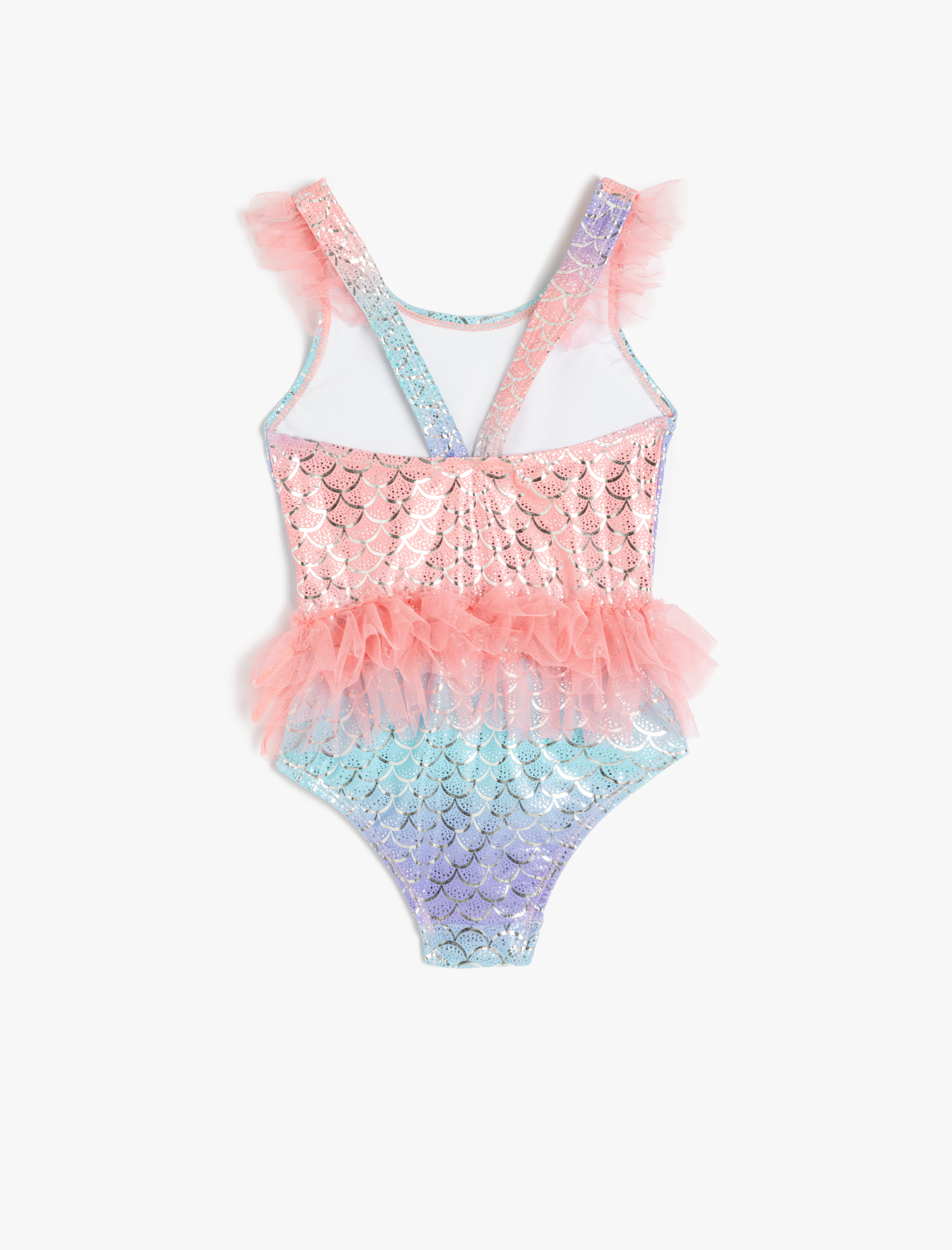  Kız Çocuk Fırfırlı Tül Detaylı Deniz Kızı Baskılı Askılı Mayo