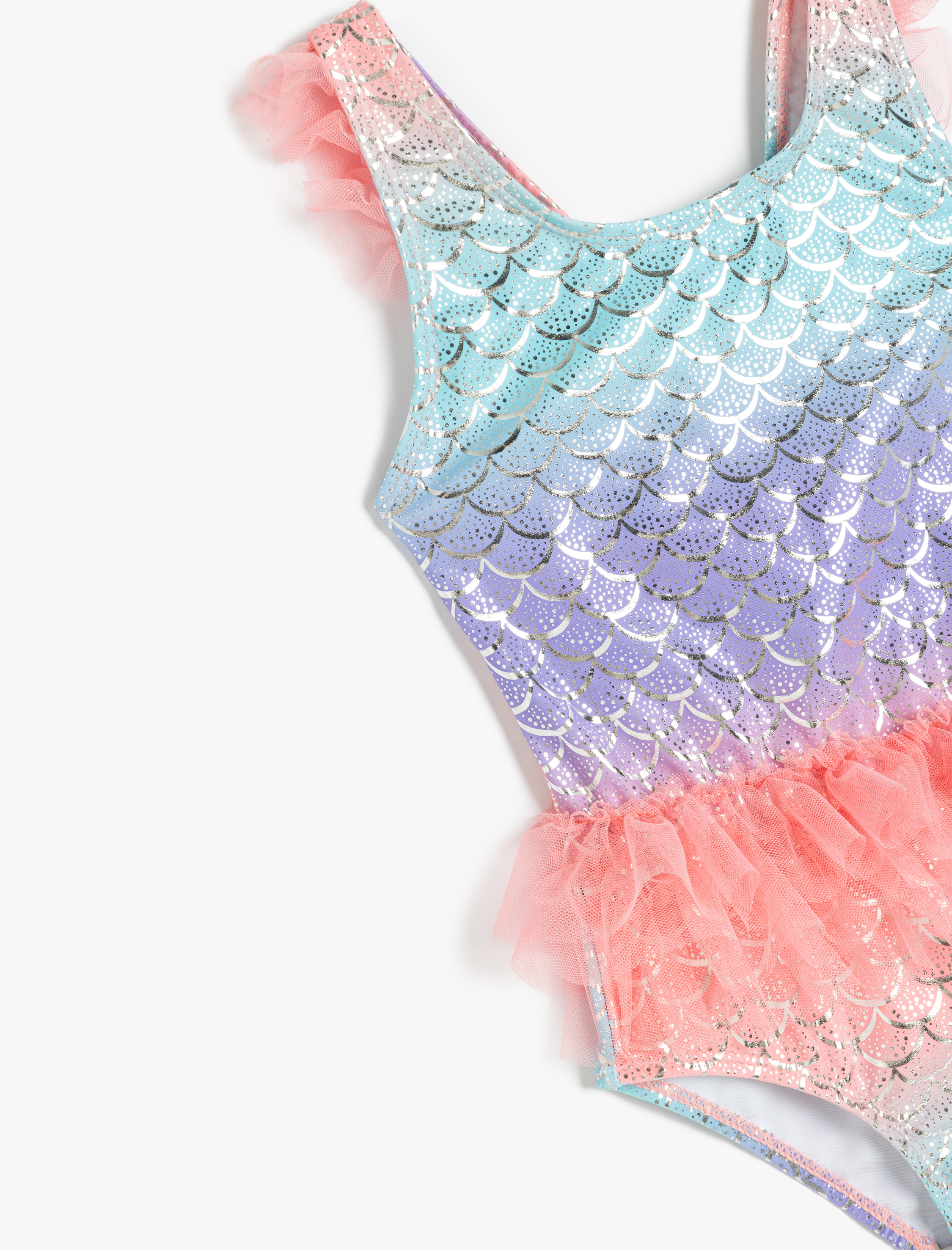  Kız Çocuk Fırfırlı Tül Detaylı Deniz Kızı Baskılı Askılı Mayo