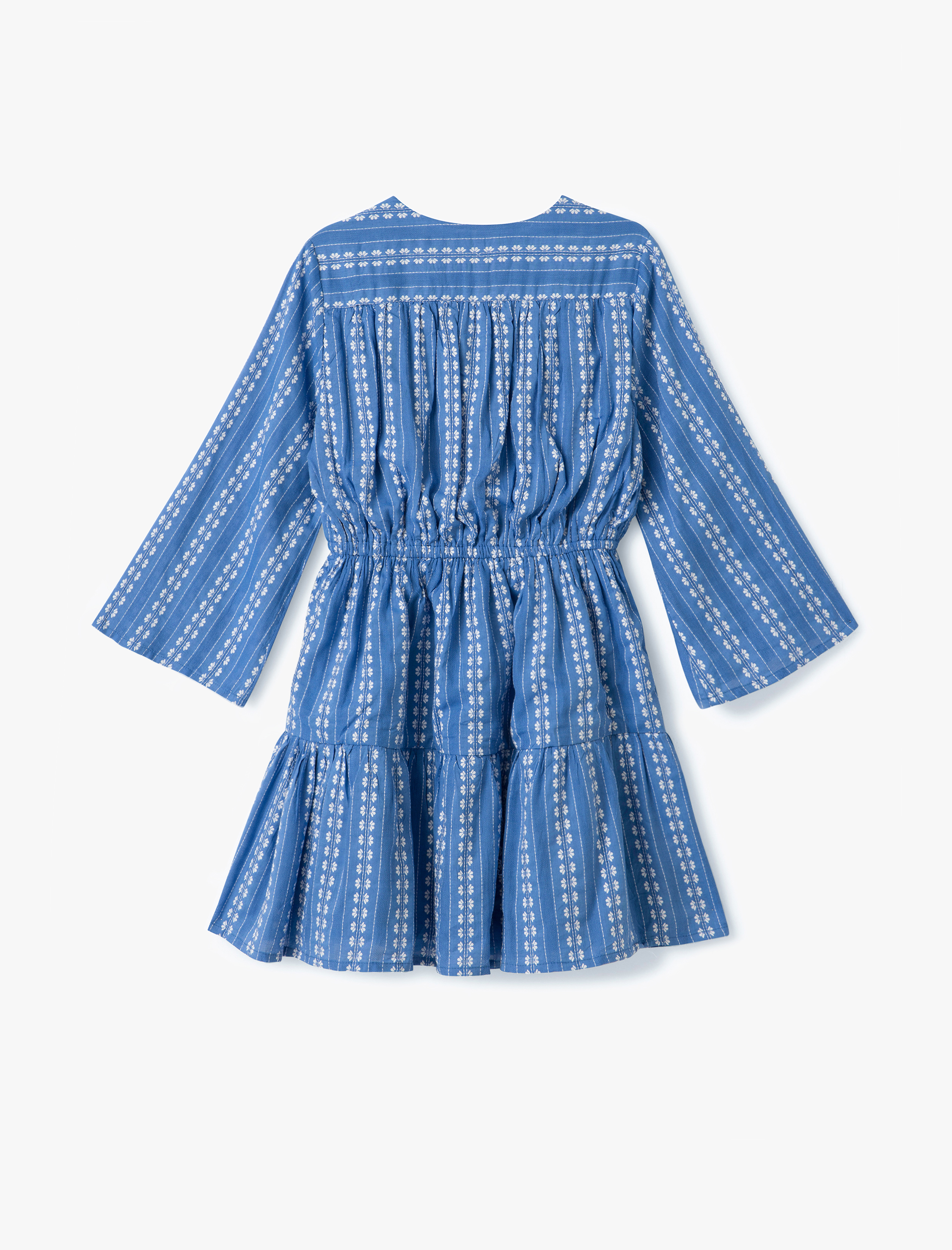 Nakışlı V Yaka Yarım Kol Bağcık Detaylı Düğmeli Mini Gömlek Elbise