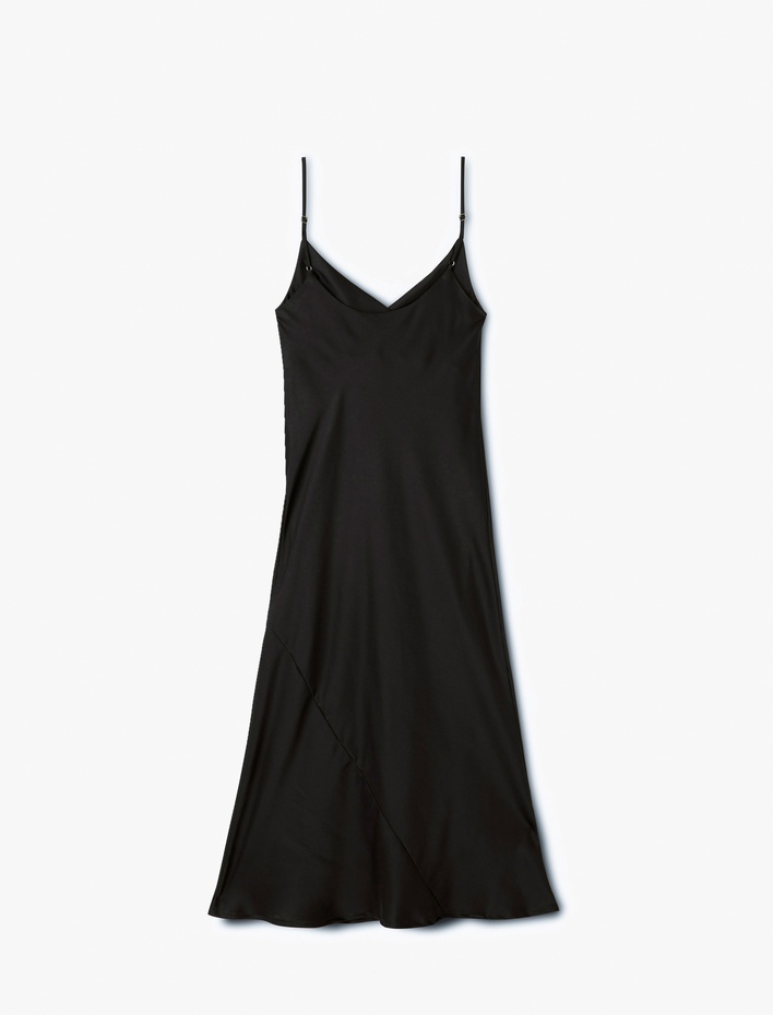  İp Askılı Degaje Yaka Volanlı Slip Midi Abiye Elbise