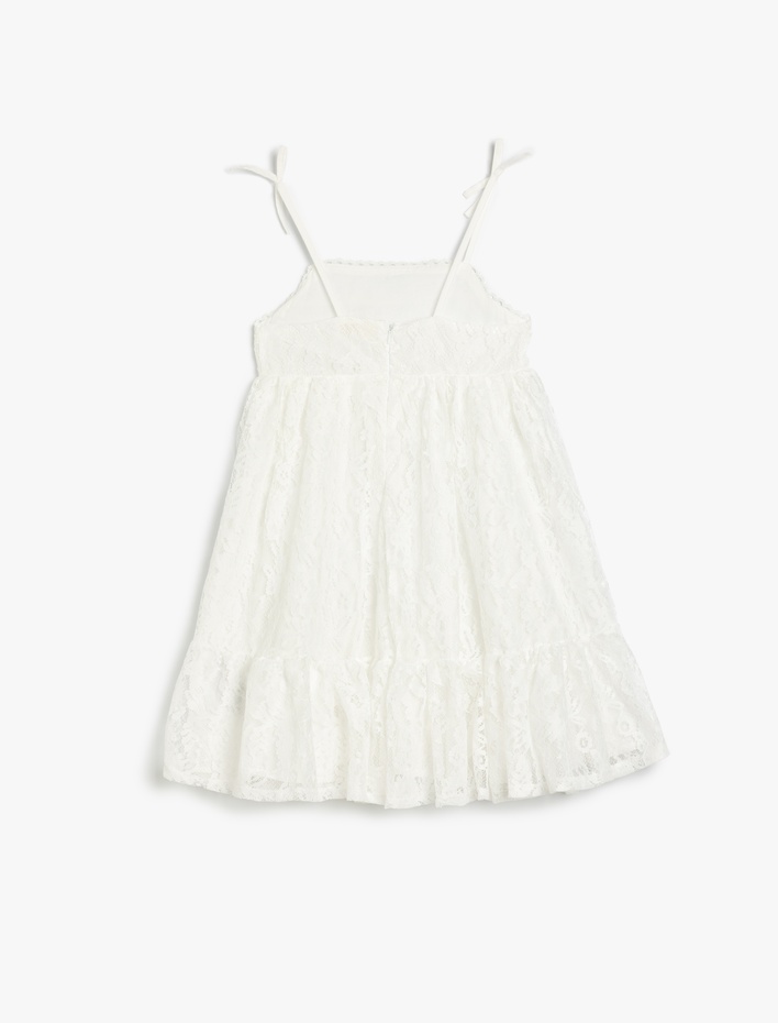 Kız Çocuk Kare Yaka Midi Boy Dantelli Askılı Elbise