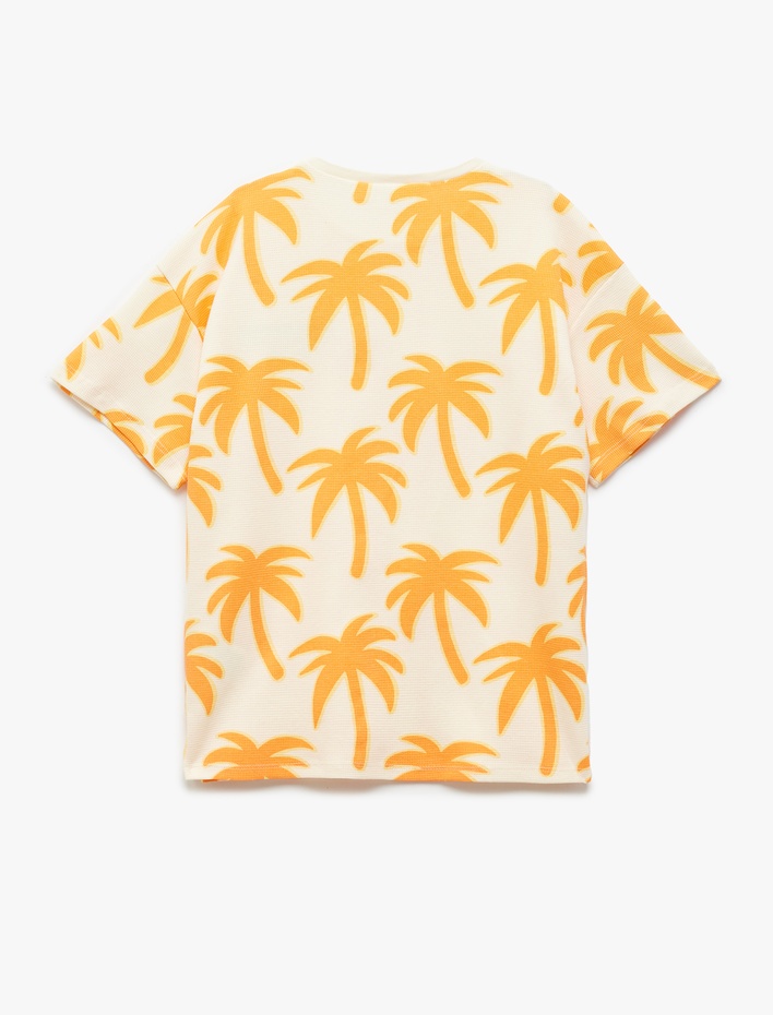 Erkek Çocuk Palmiye Baskılı Bisiklet Yaka Kısa Kollu Pamuklu Tişört
