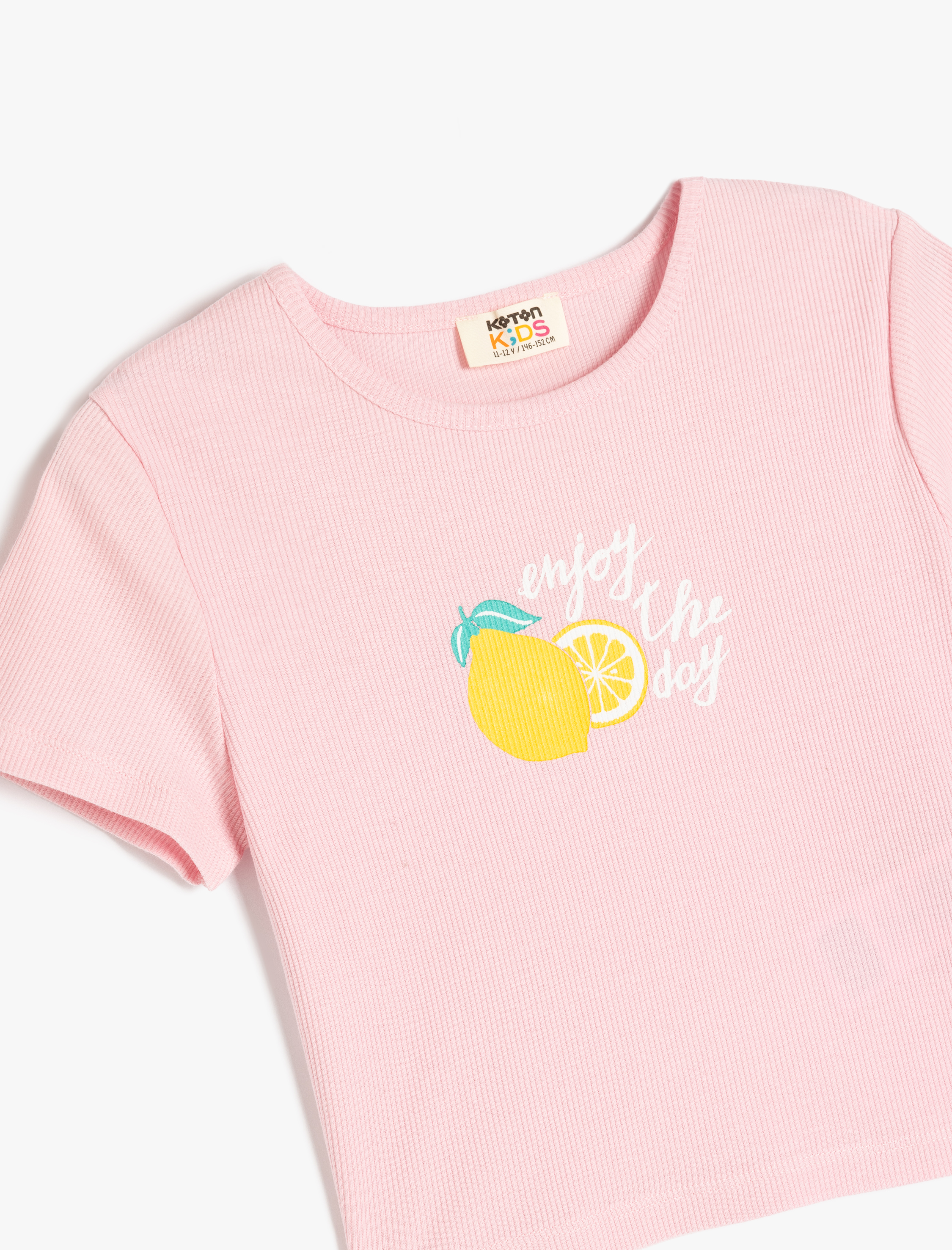  Kız Çocuk Limon Baskılı Bisiklet Yaka Pamuklu Kısa Kollu Crop Tişört