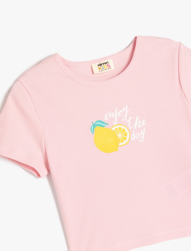 Limon Baskılı Bisiklet Yaka Pamuklu Kısa Kollu Crop Tişört_2