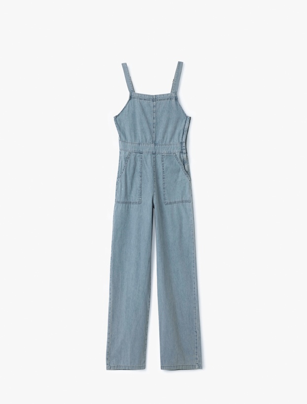 Kare Yaka Cepli Dikiş Detaylı Kolsuz Denim Tulum_0