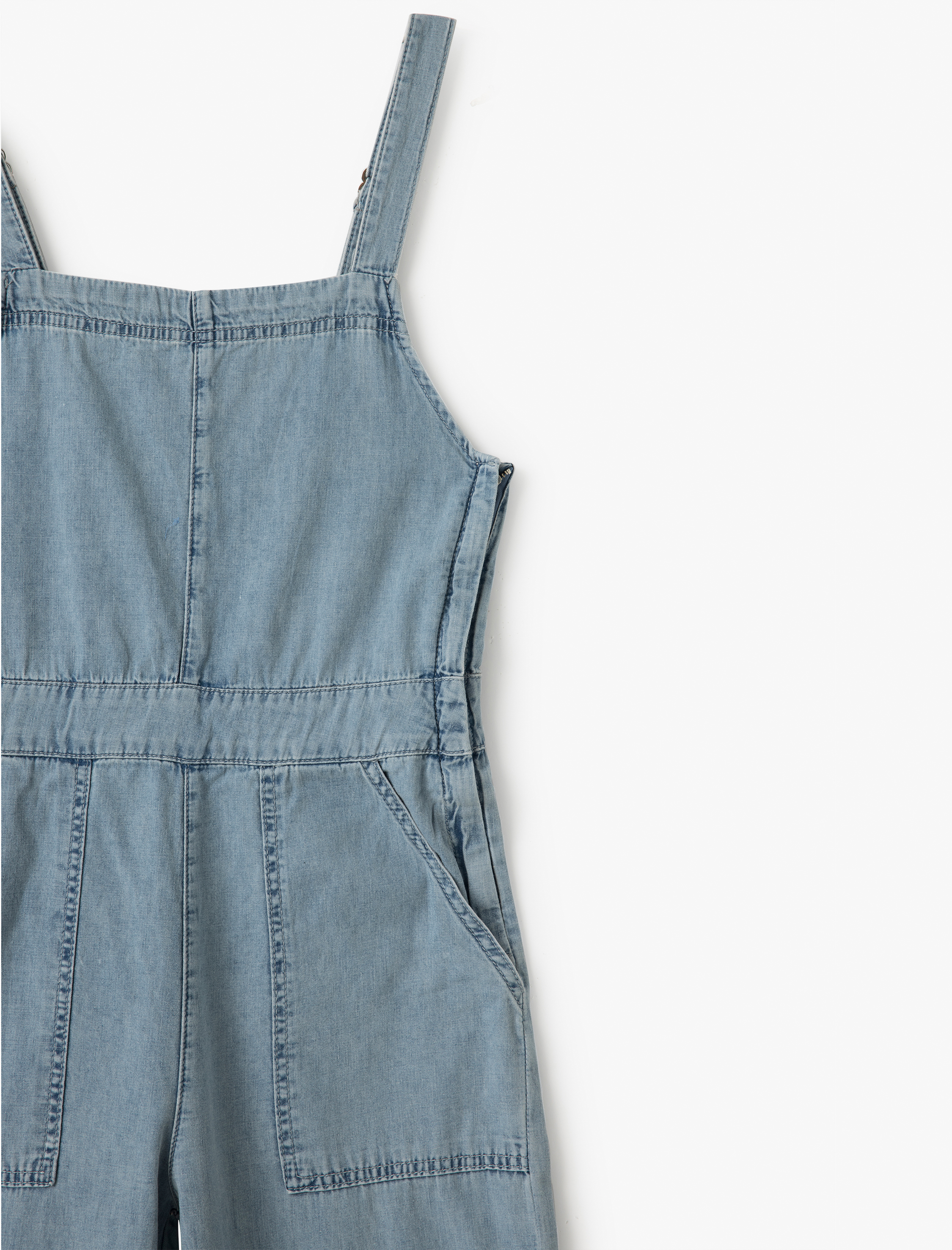   Kare Yaka Cepli Dikiş Detaylı Kolsuz Denim Tulum