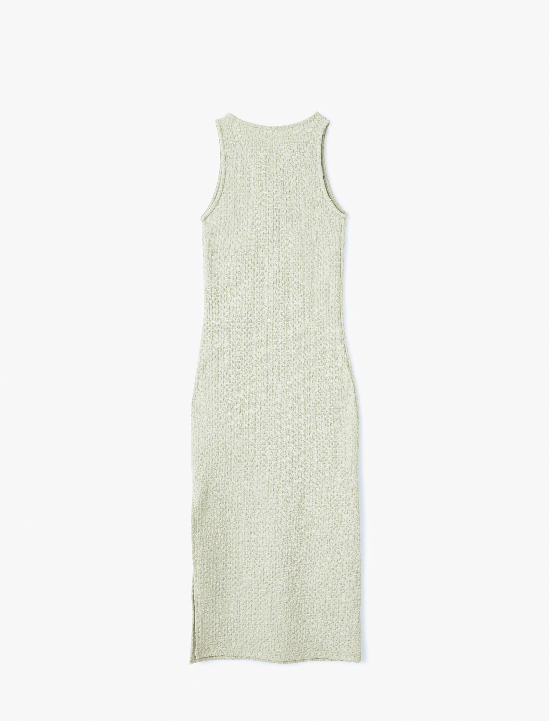   Bisiklet Yaka Kolsuz Yırtmaçlı Dokulu Midi Boy Kalem Elbise