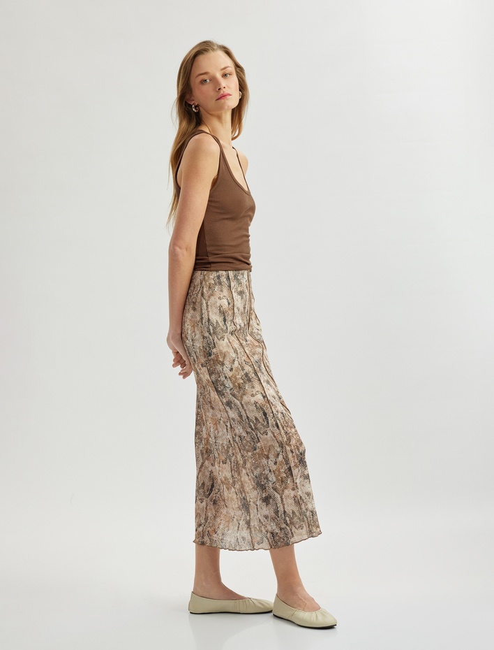  Yüksek Bel Regular Fit Yılan Desenli Midi Etek