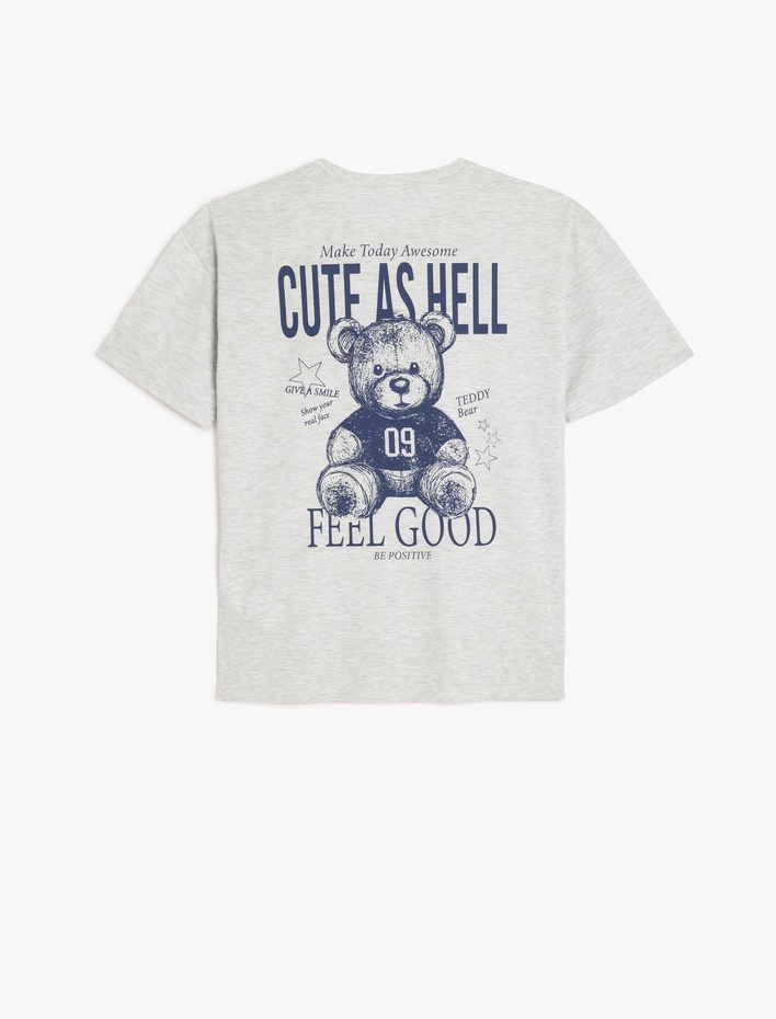  Arkası Ayı Baskılı Bisiklet Yaka Kısa Kollu Oversize Tişört