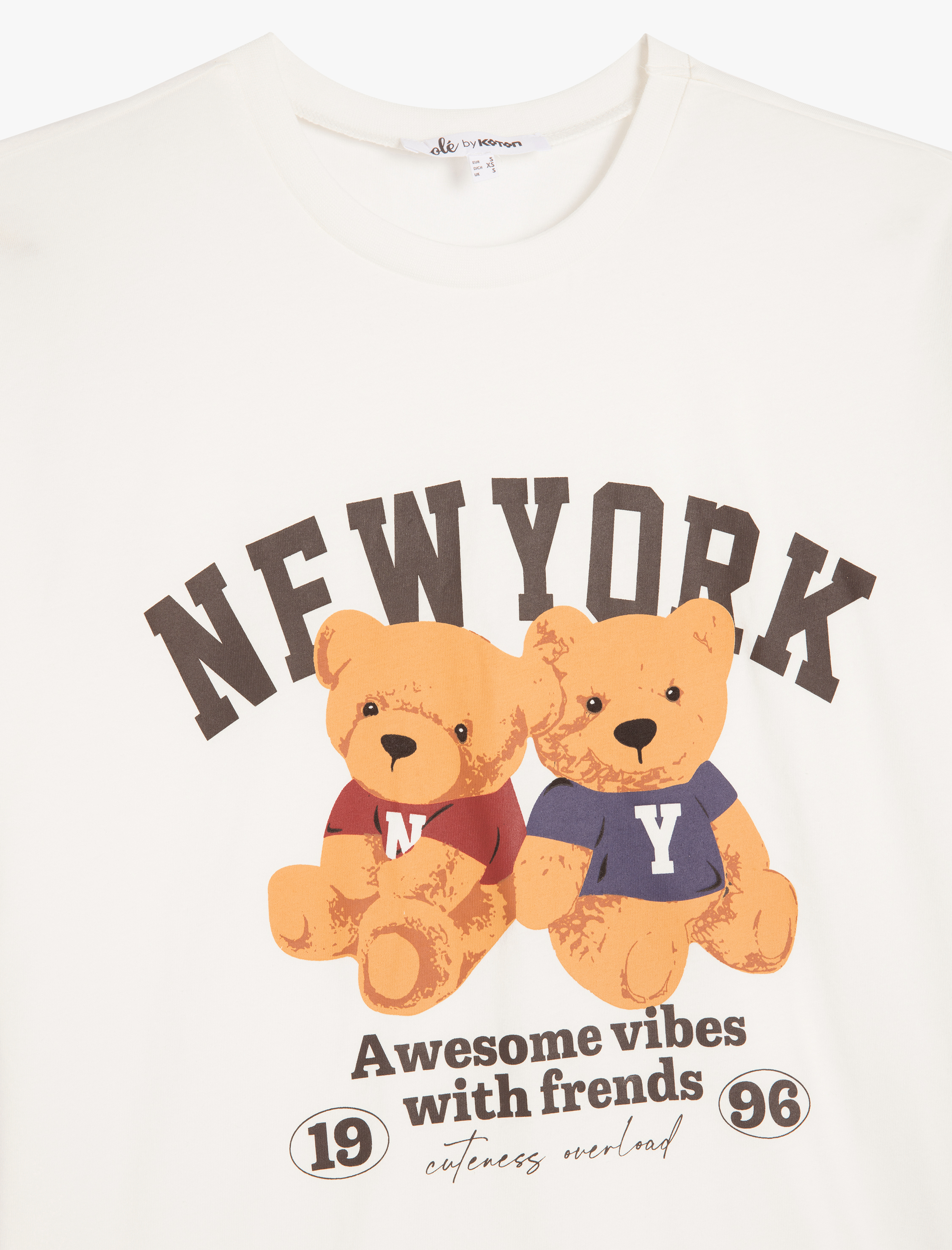   Ayıcık Baskılı Kısa Kollu Bisiklet Yaka Pamuklu Tişört