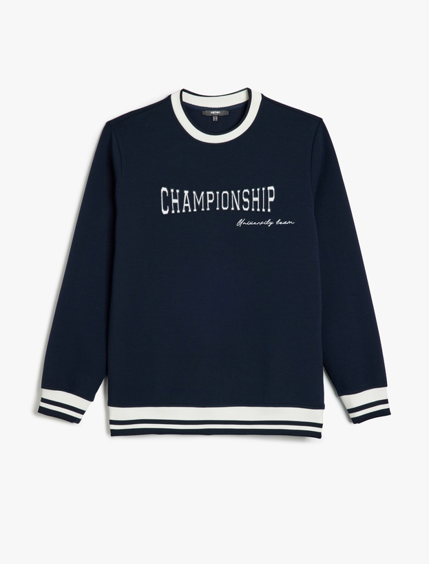 Bisiklet Yaka Pamuk Karışımlı Şerit Detaylı Slogan Baskılı Sweatshirt_2