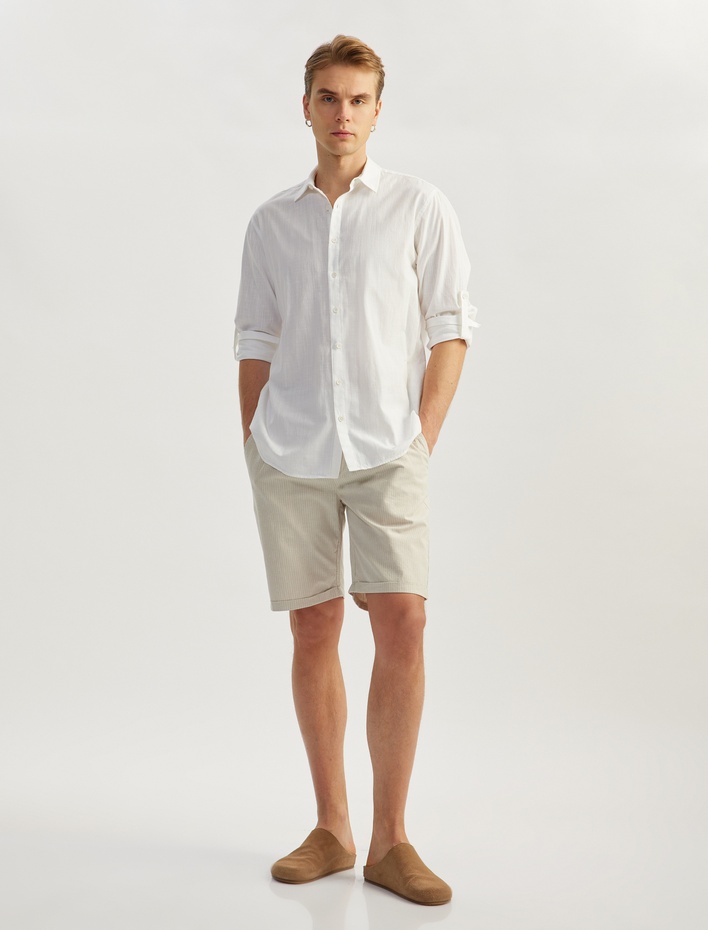  Keten Karışımlı Cep Detaylı Bermuda Çizgili Beli Bağcıklı Şort