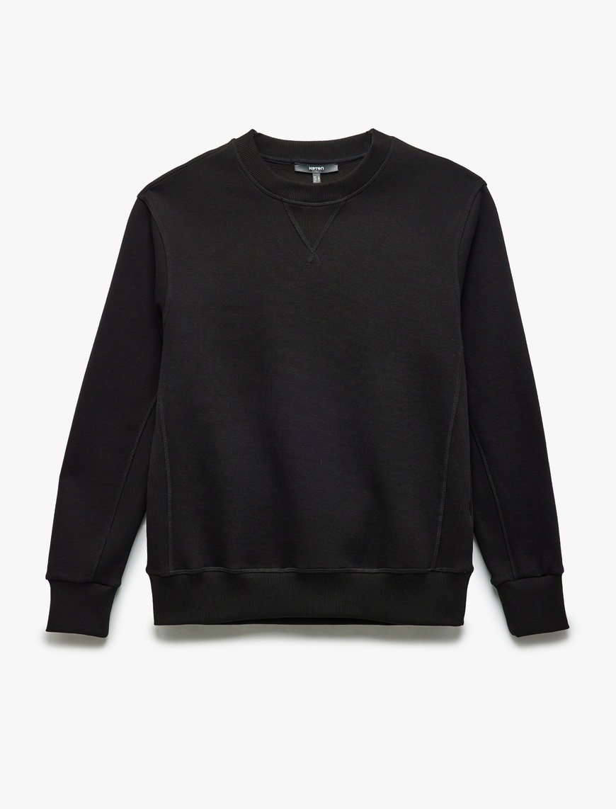   Bisiklet Yaka Dikiş Detaylı Şardonlu Pamuk Karışımlı Basic Sweatshirt