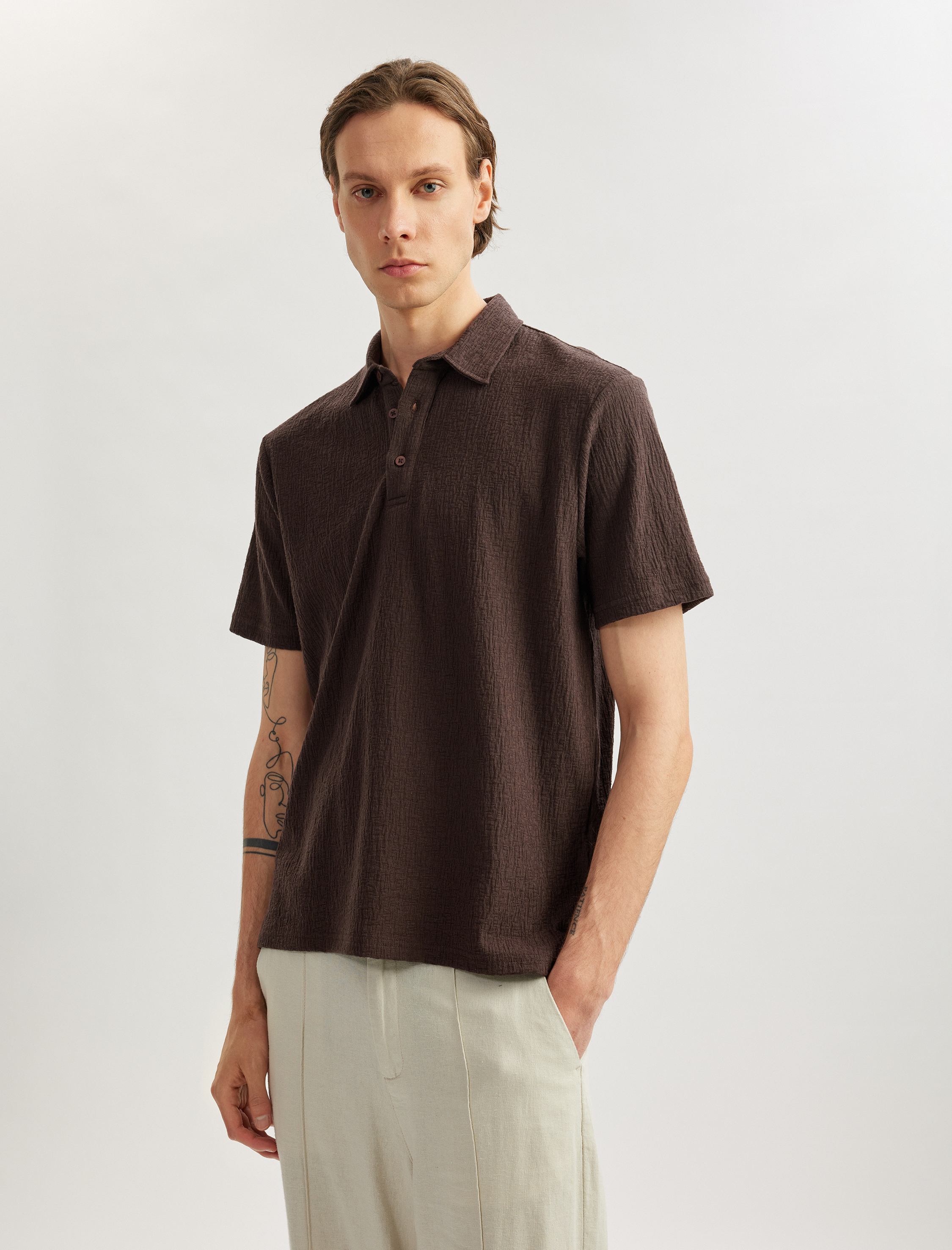 Kısa Kollu Pamuk Karışımlı Regular Fit Dokulu Polo Yaka Tişört