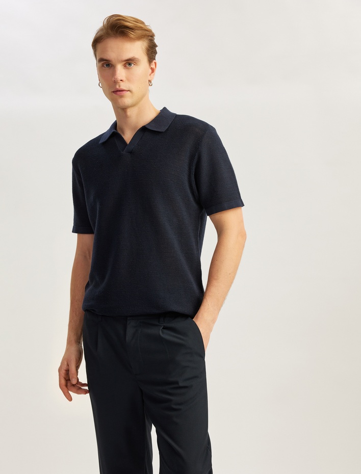  V Yaka Polo Pamuklu Kısa Kollu Triko Tişört