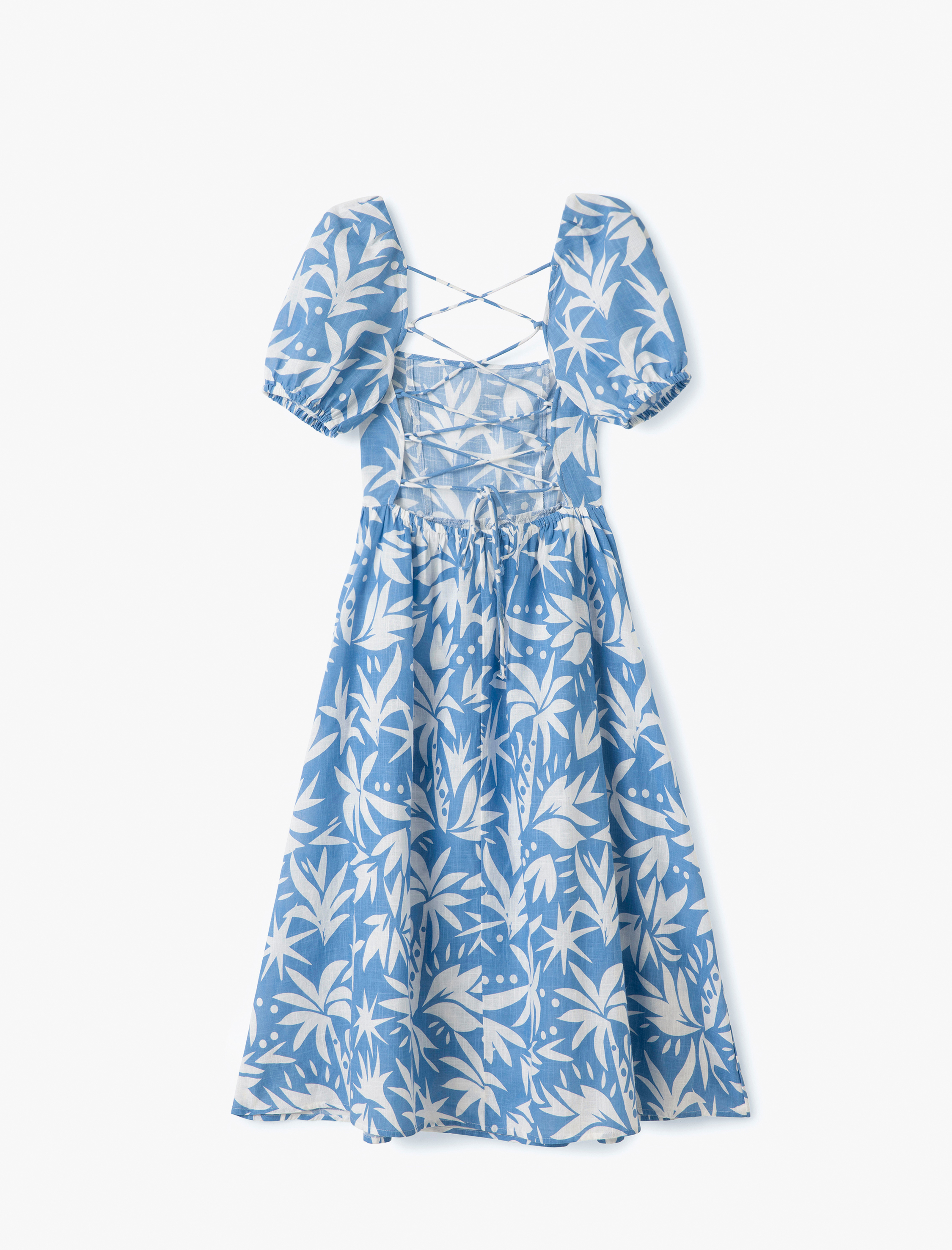   Pamuklu Kısa Balon Kollu Arkası Dekolte Detaylı Midi Boy Çiçekli Elbise