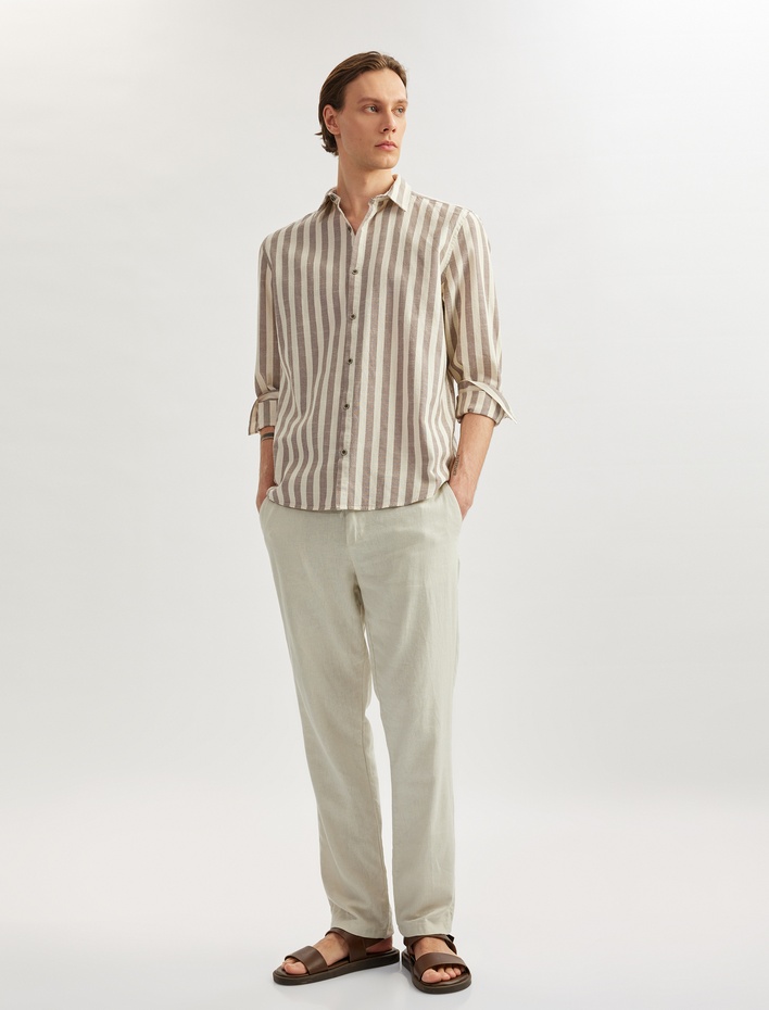  Düğmeli Pamuklu Regular Fit Klasik Uzun Kollu Çizgili Gömlek