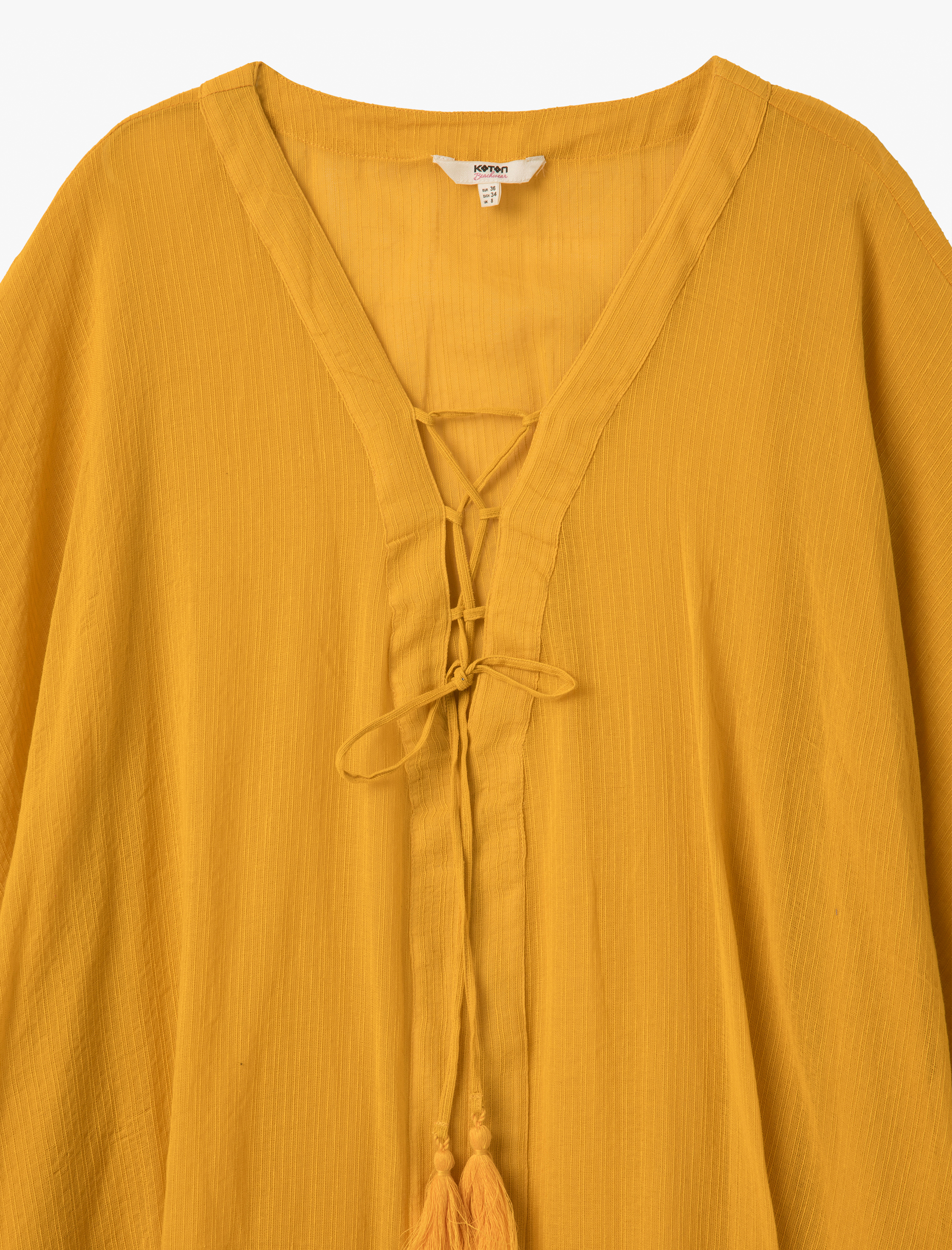 Pamuklu Kısa Yarasa Kol V Yaka Asimetrik Kesim Oversize Plaj Elbisesi