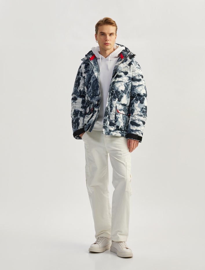  Slim Fit Fermuarlı Desenli Kapşonlu Mont