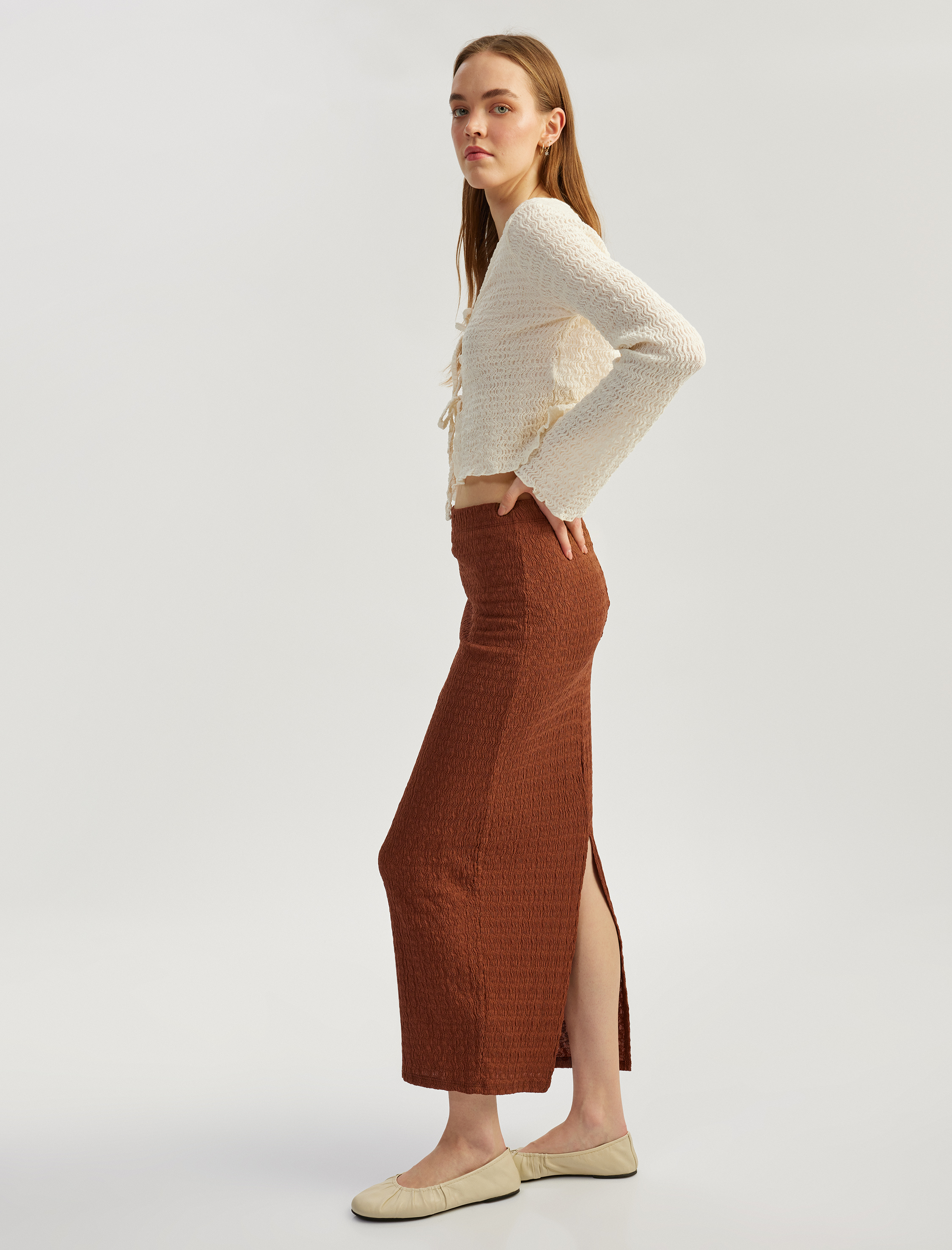 Yüksek Bel Slim Fit Yırtmaç Detaylı Astarlı Midi Kalem Etek Bürümcük