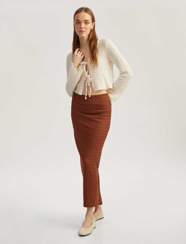  Yüksek Bel Slim Fit Yırtmaç Detaylı Astarlı Midi Kalem Etek Bürümcük