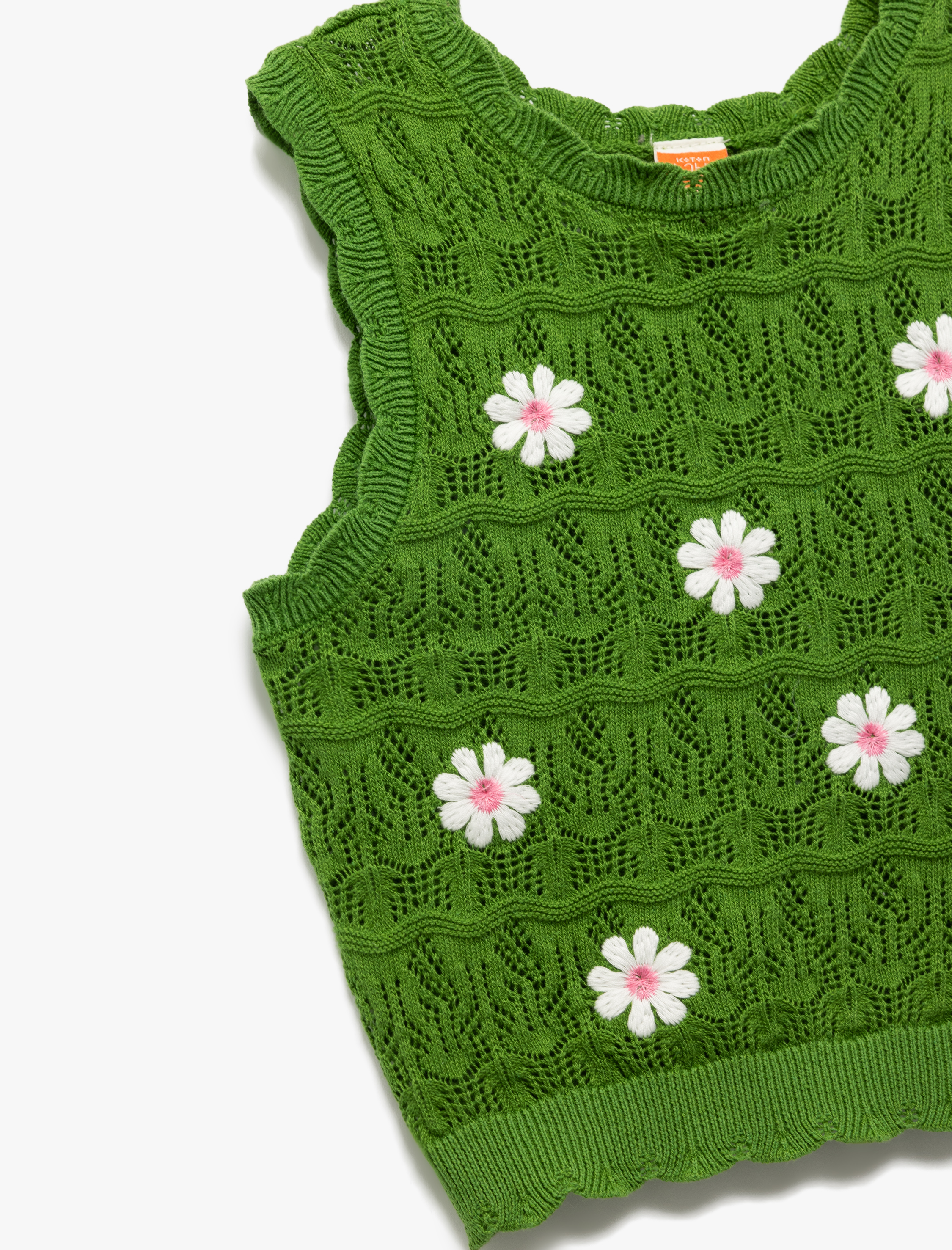  Kız Bebek Çiçek Nakış Detaylı Bisiklet Yaka Pamuklu Triko Crop Atlet