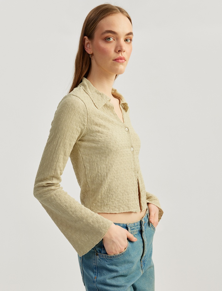  Slim Fit Uzun Kollu Dokulu Gömlek Yaka Düğmeli Tişört Bürümcük