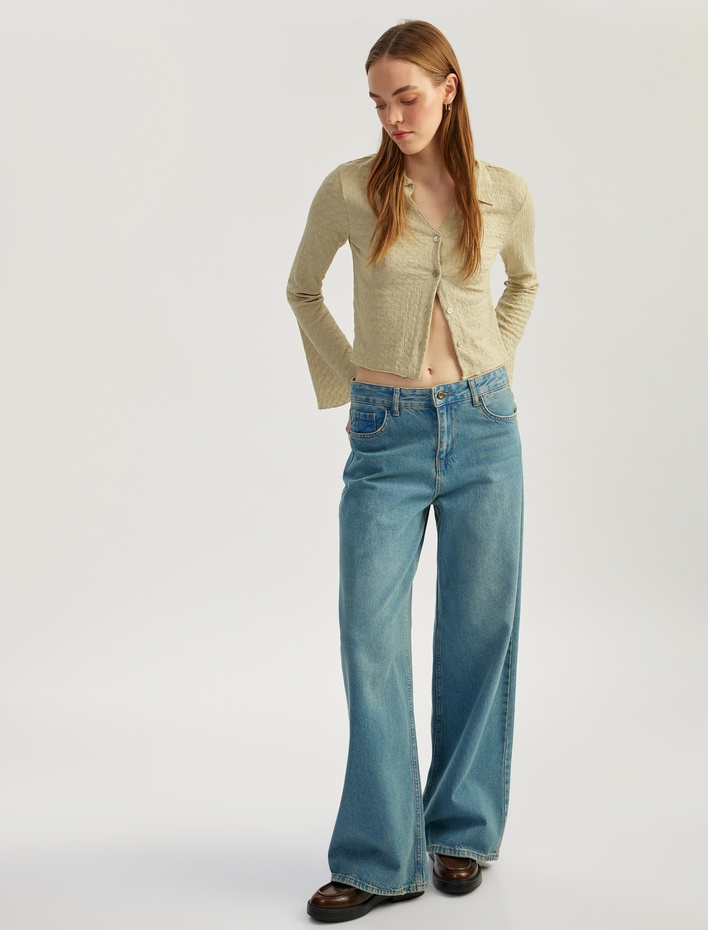  Slim Fit Uzun Kollu Dokulu Gömlek Yaka Düğmeli Tişört Bürümcük