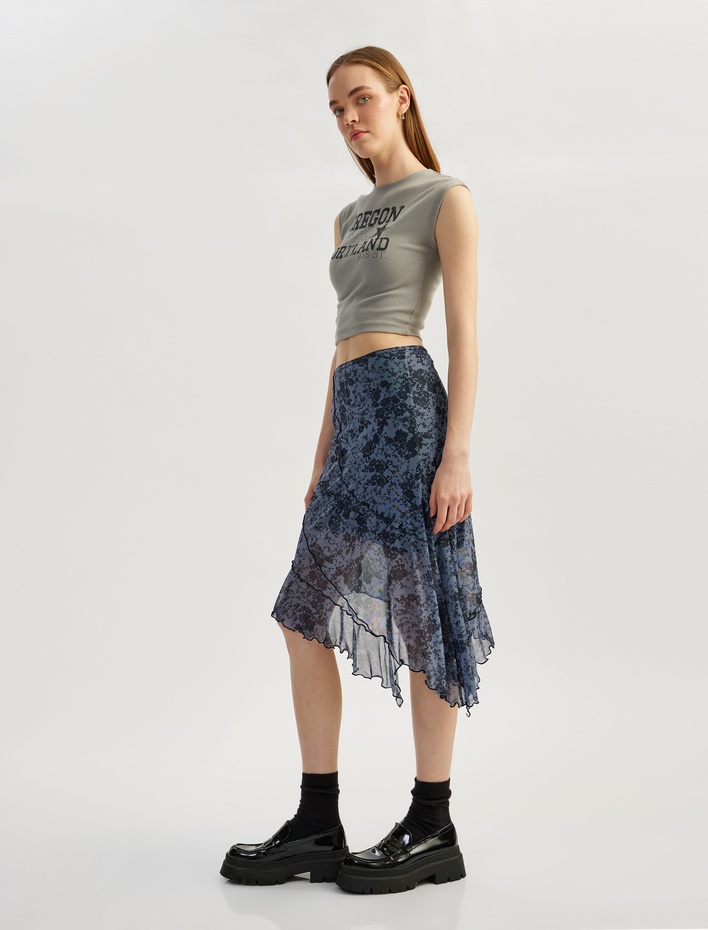  Asimetrik Kesim Desenli Midi Tül Slim Fit Etek