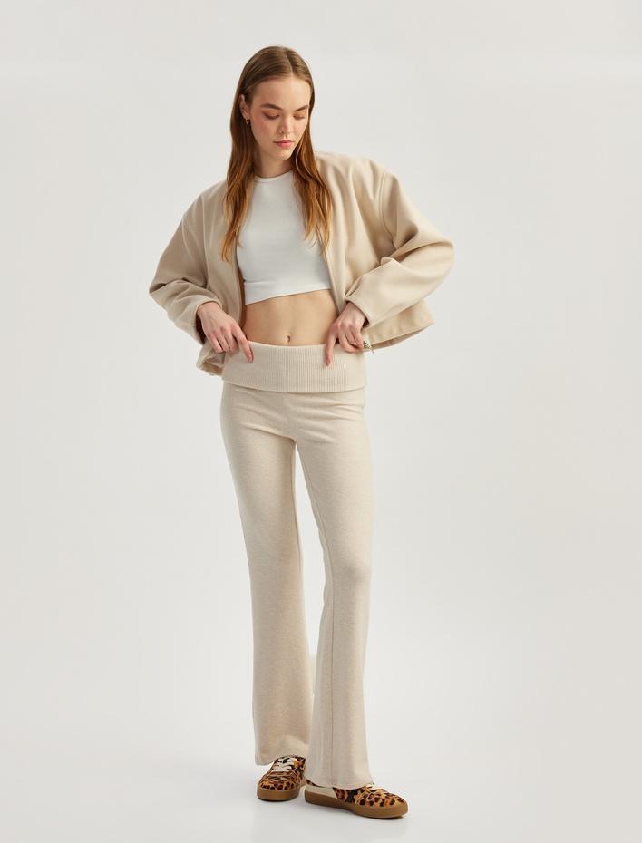  Yüksek Bel Viskon Karışımlı İspanyol Paça Tayt Pantolon